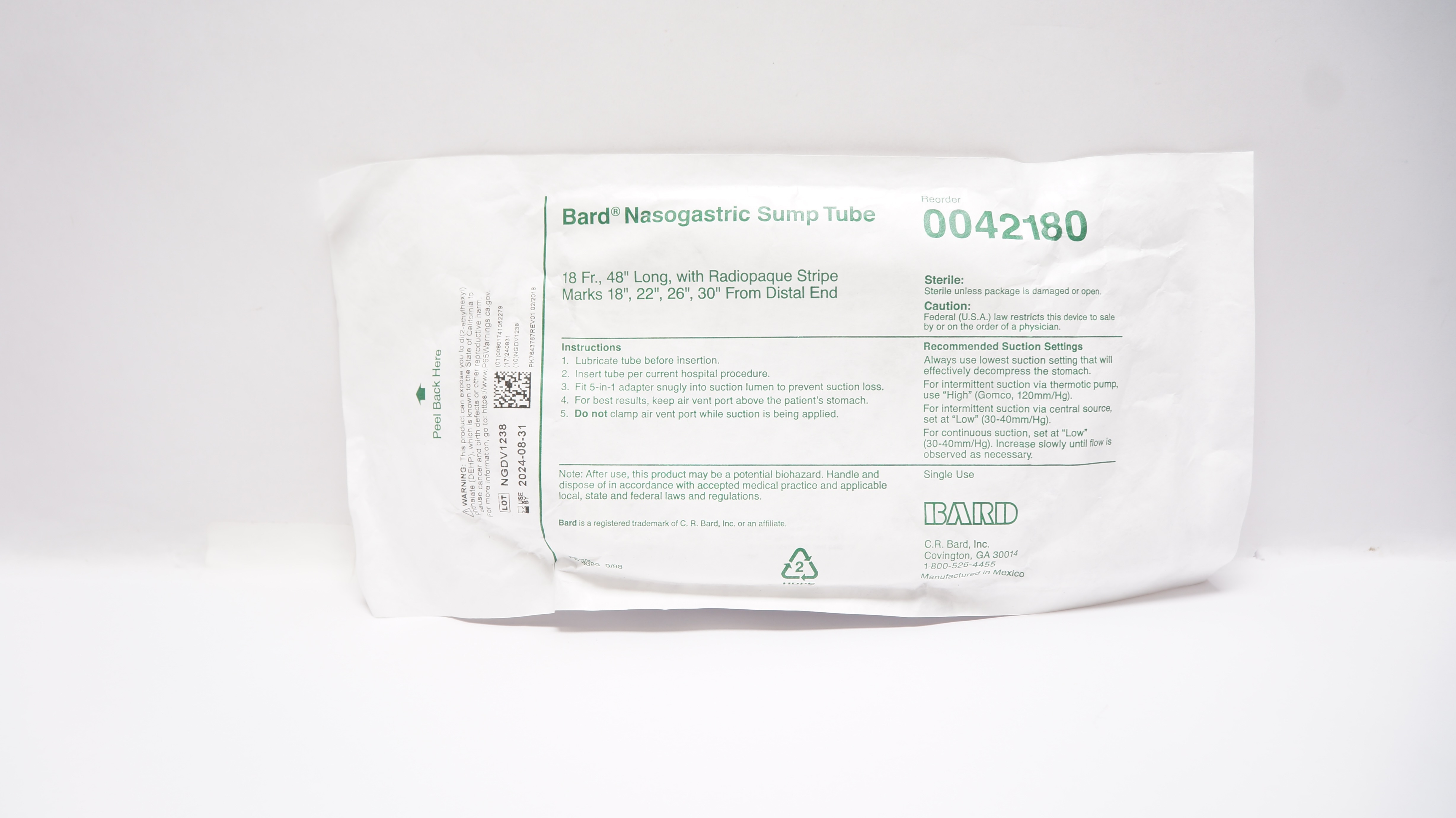 Bard 0042180 Nasogastric Sump Tube with Radiopaque Stripe Marks 18Fr x 48 inch