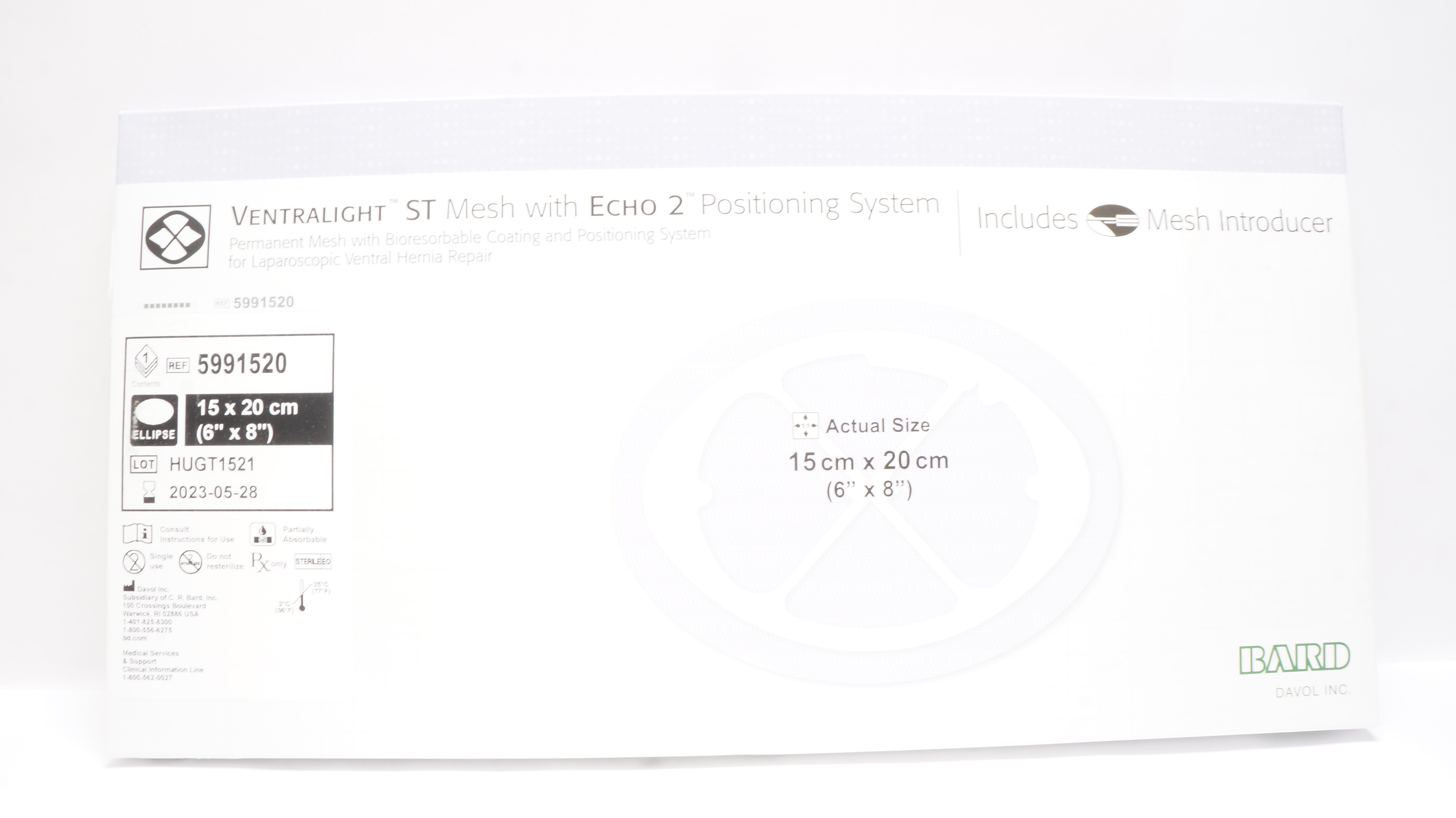 Bard 5991520 Davol Ventralight ST Mesh w/Echo2 Positioning System 6 x 8inch (x)
