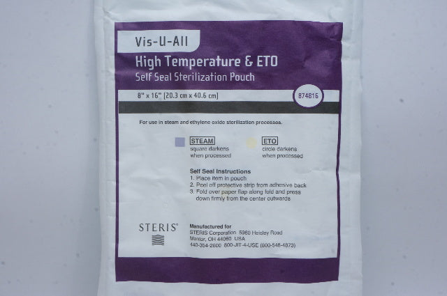 Steris 874816 High Temperature & ETO Self Seal Sterilization Pouch 8inch x 16inc