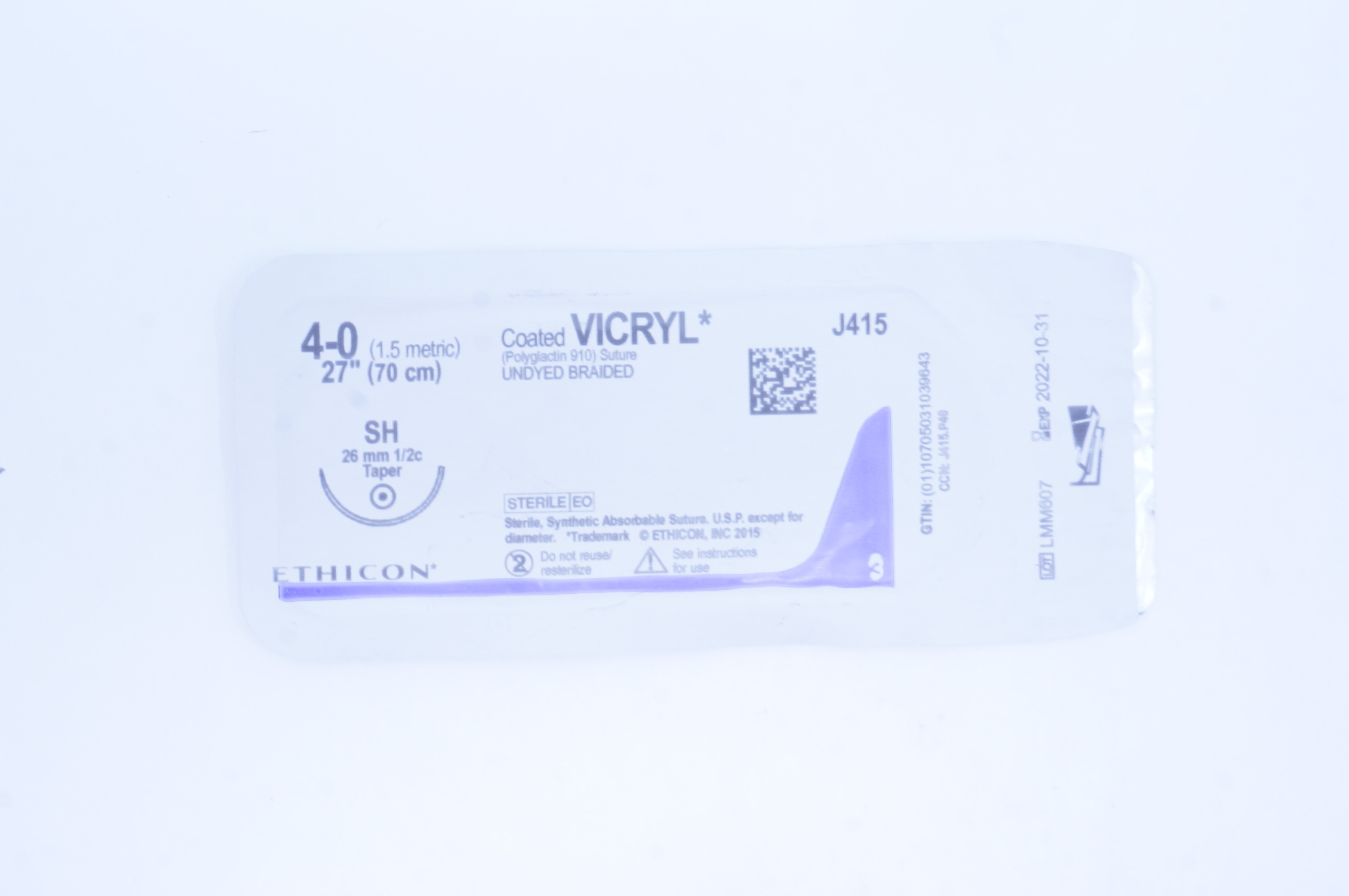 Ethicon J415 4-0 Coated VICRYL SH 26mm 1/2c Taper, 27inch (x)
