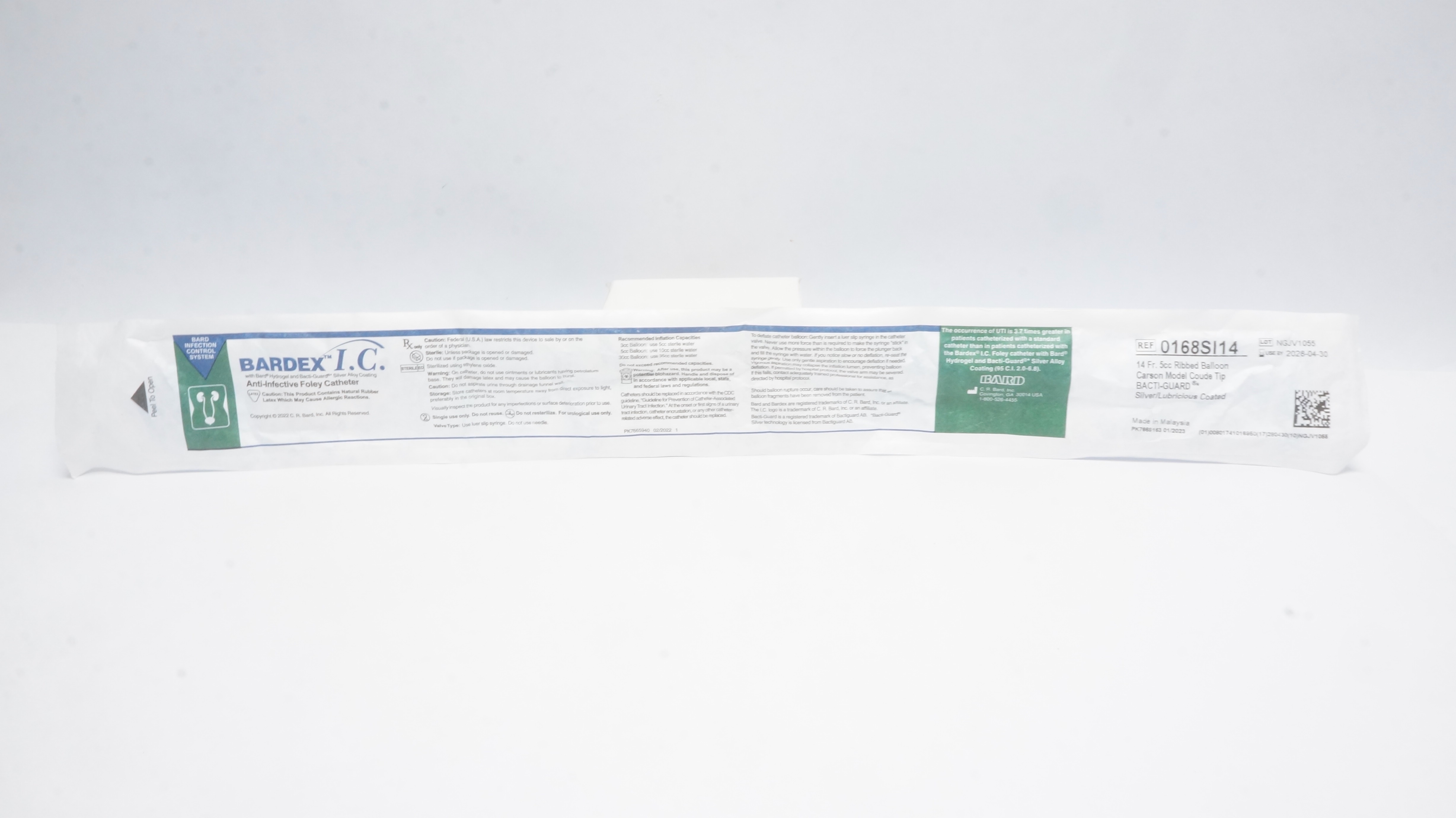 Bard 0168SI14 Bardex I.C. Anti-Infective Foley Cath. 14 Fr 5cc Ribbed Balloon