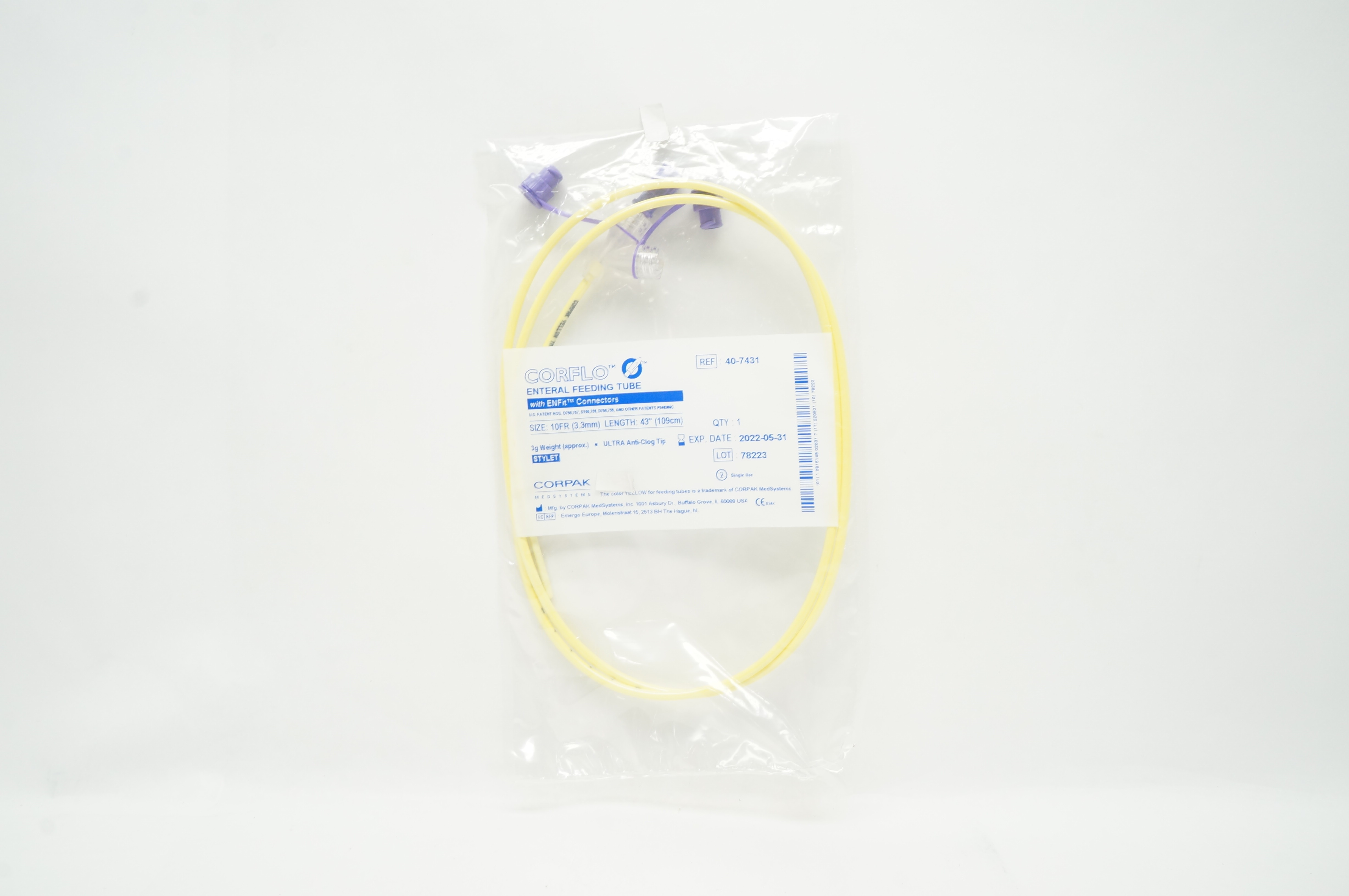 Corpak 40-7431 Corflo Enteral Feeding Tube with ENFit Connectors 10FR x 43 inch