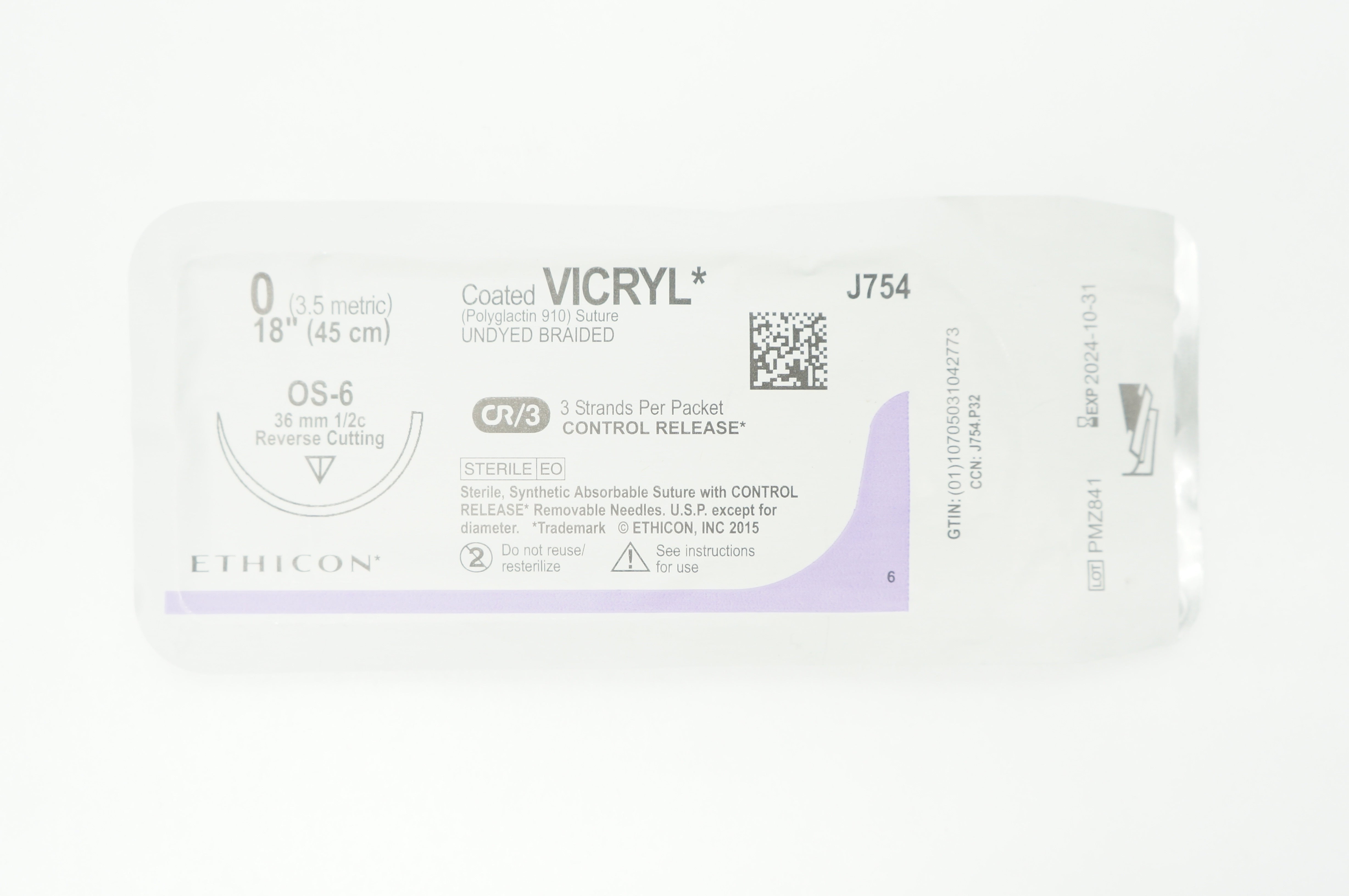 Ethicon J754 0 Vicryl OS-6 36 mm 1/2c Reverse Cutting CR/3 18 inch