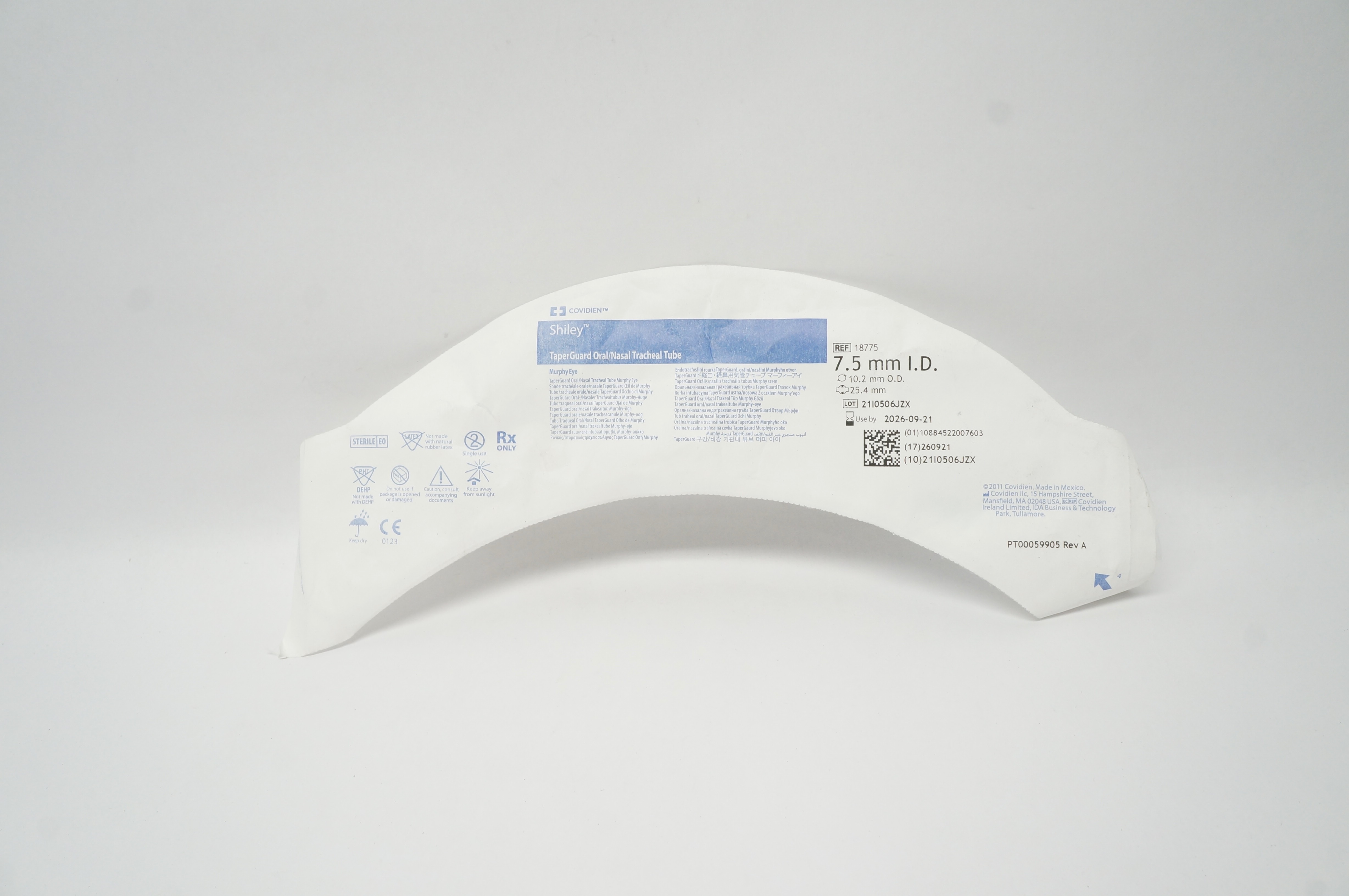 Covidien 18775 Shiley TaperGuard Oral/Nasal Tracheal Tube 7.5mm ID 10.2mm OD