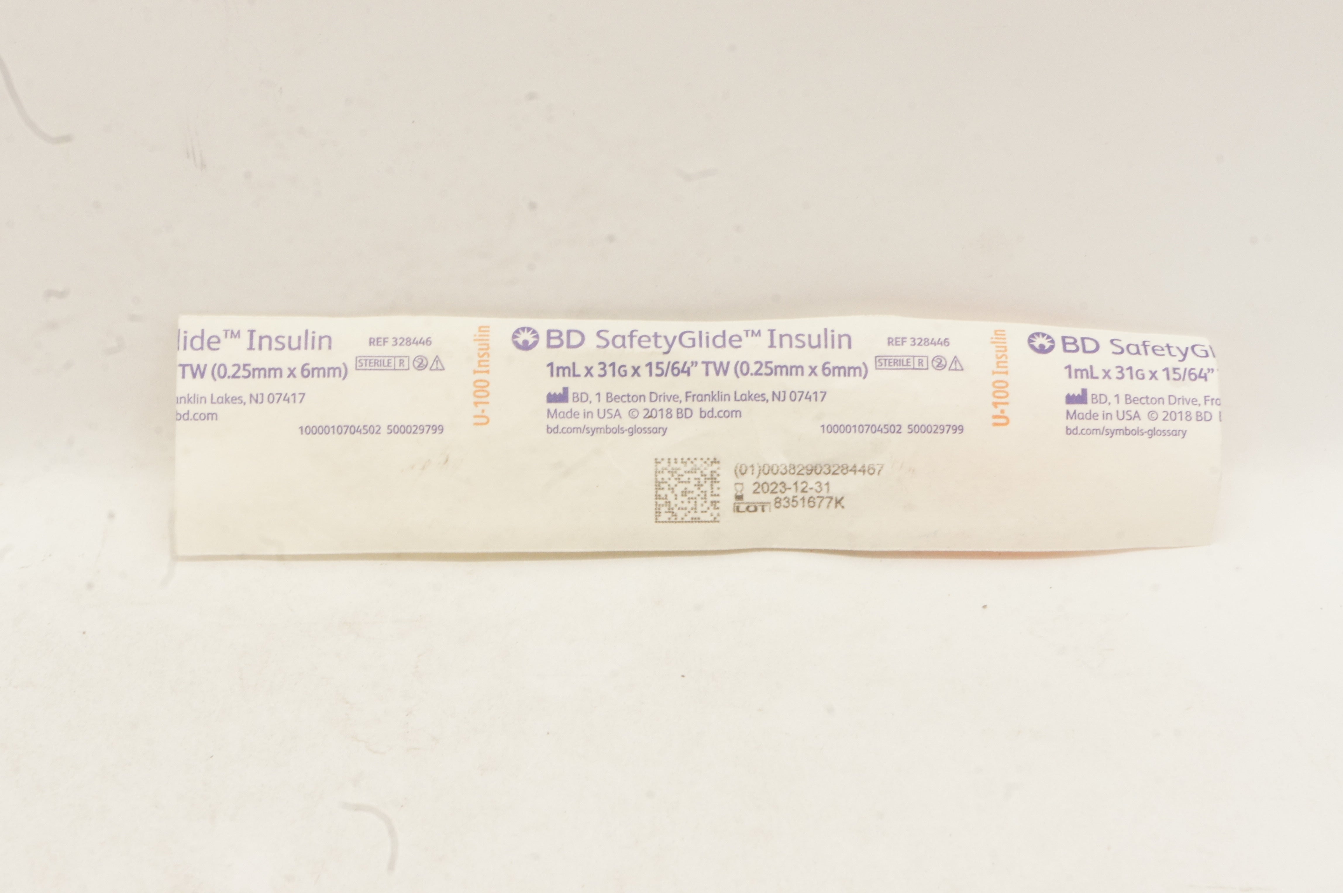 BD 328446 SafetyGlide U-100 Insulin Syringe 1 mL 31G x 15/64inch