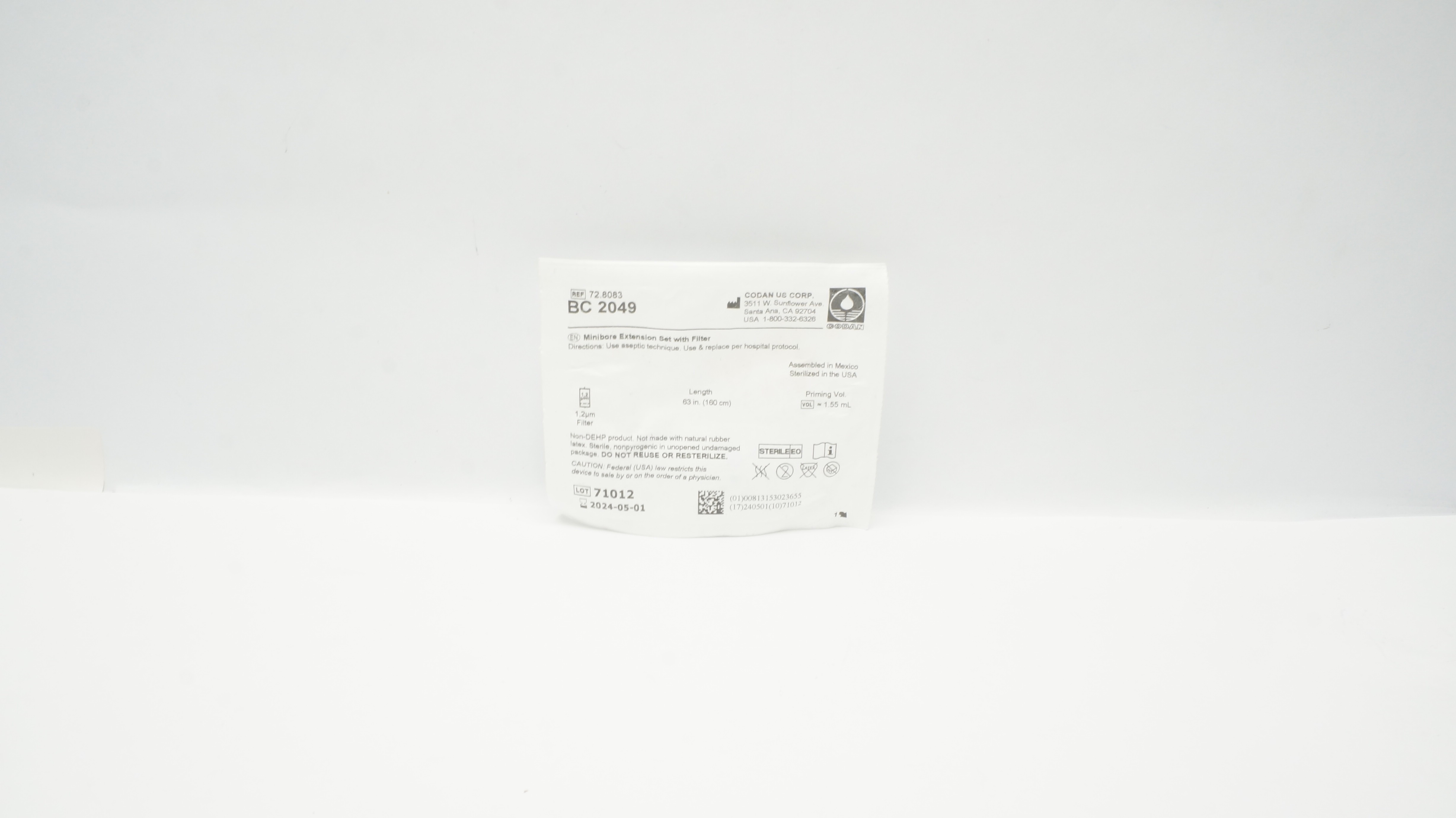 Codan BC2049 Minibore Extension Set with Filter 1.2µm, 63 inch x 1.55mL (x)