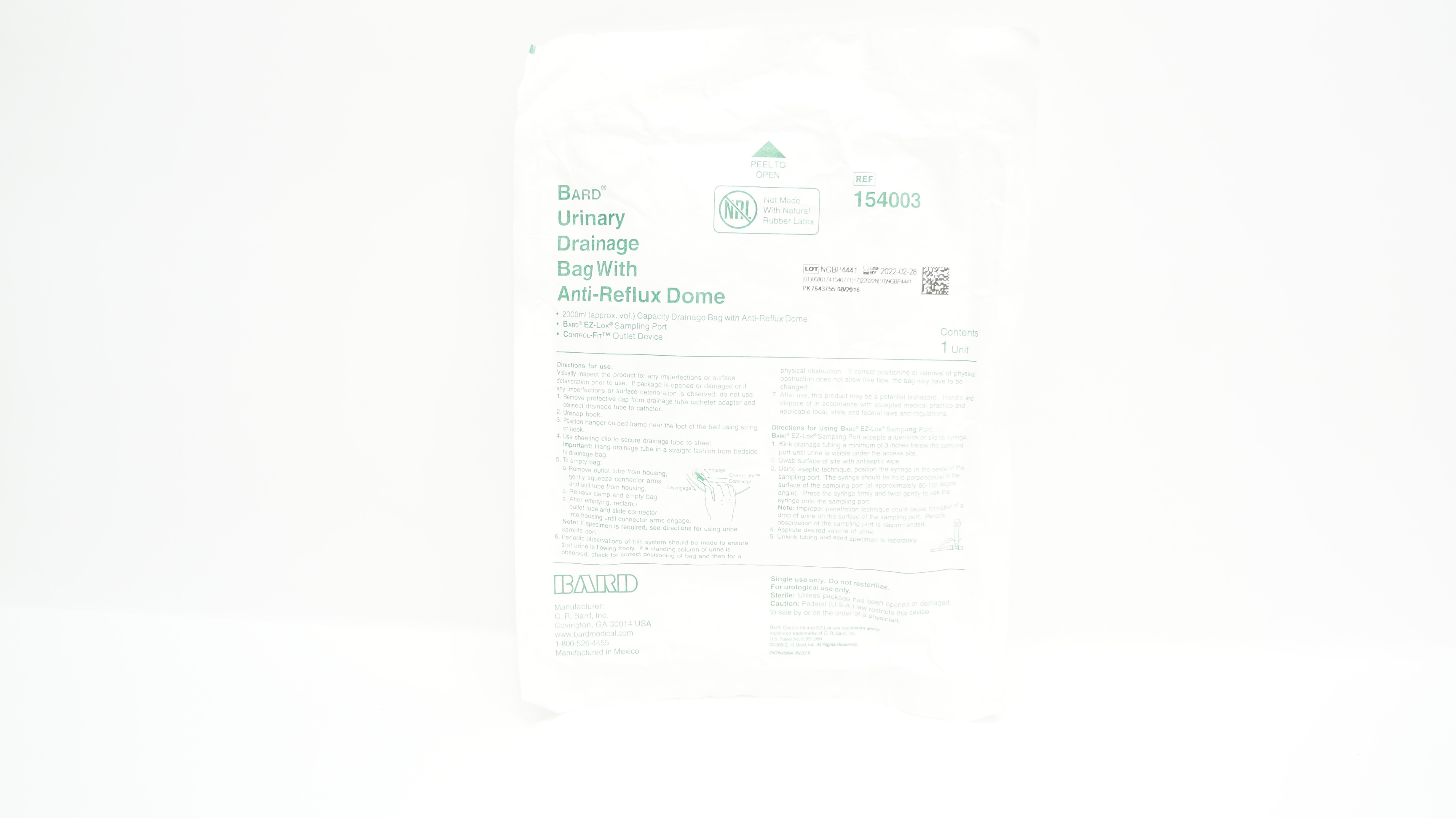 Bard 154003 Urinary Drainage Bag with Anti-Reflux Dome 2000ml (x)