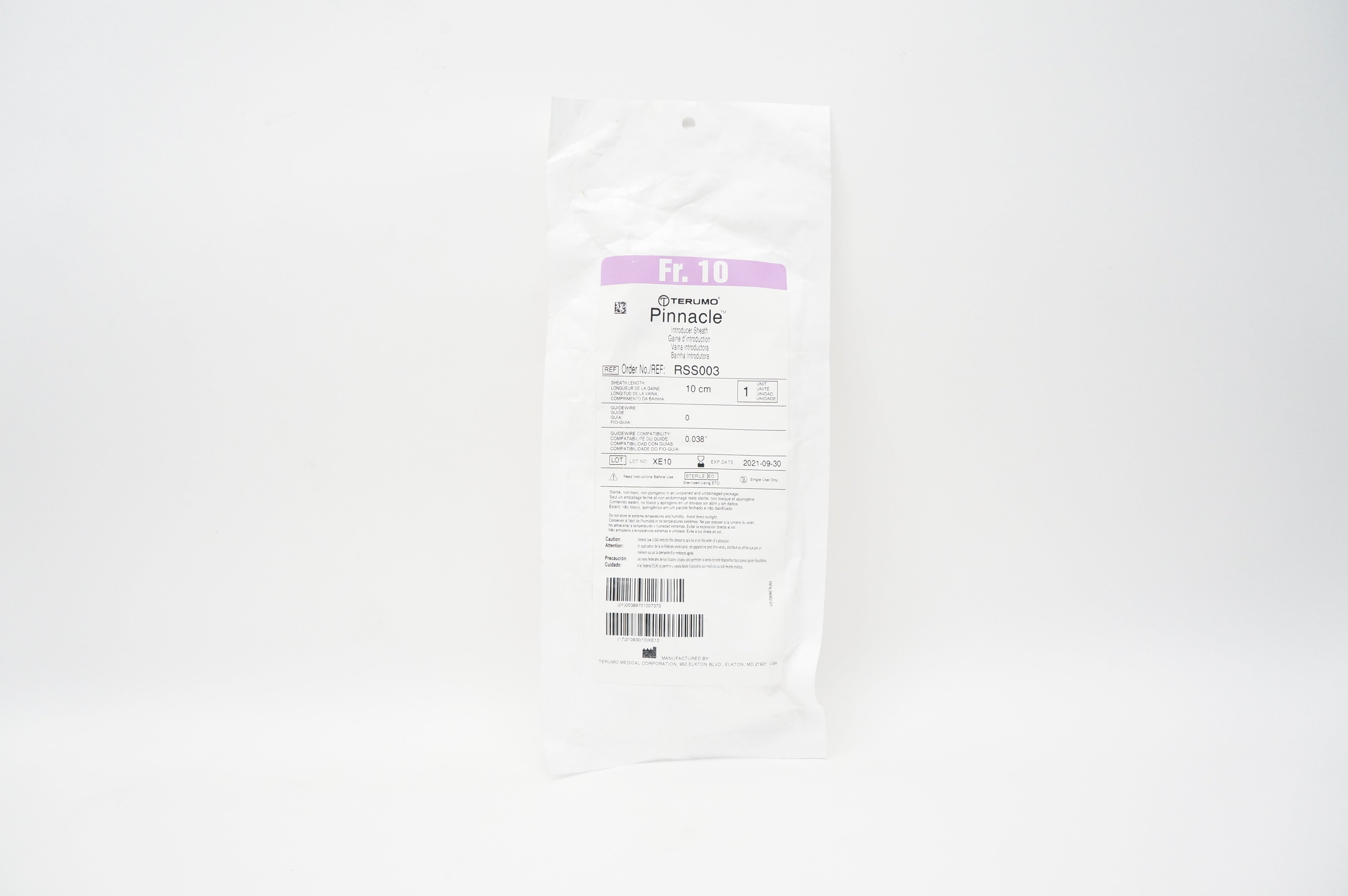 Terumo RSS003 Pinnacle Introducer Sheath 10Fr x 0.038inch x 10cm