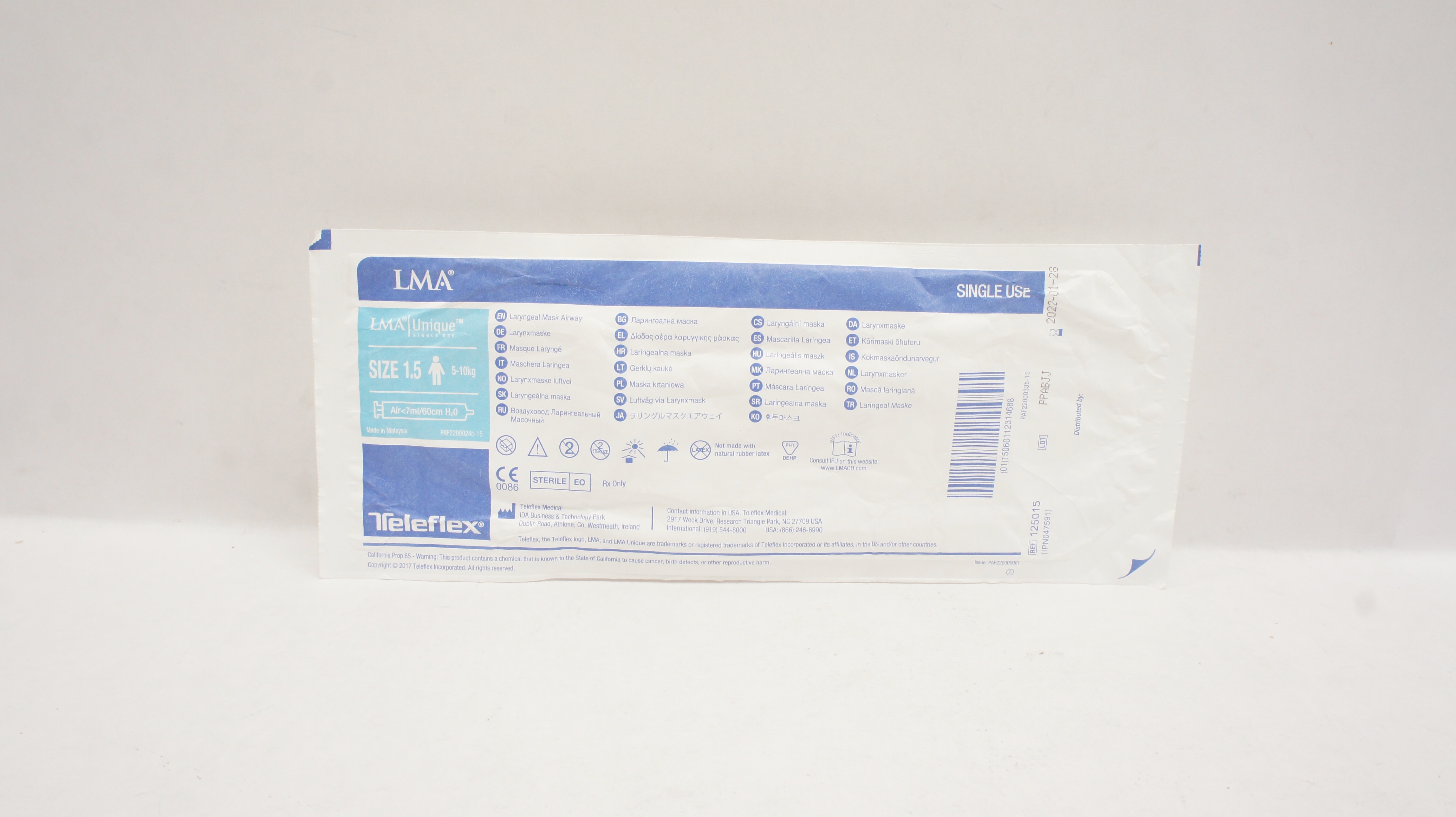 Teleflex 125015 LMA Unique Laryngeal Mask Airway, Size 1.5, 5-10kg (x)