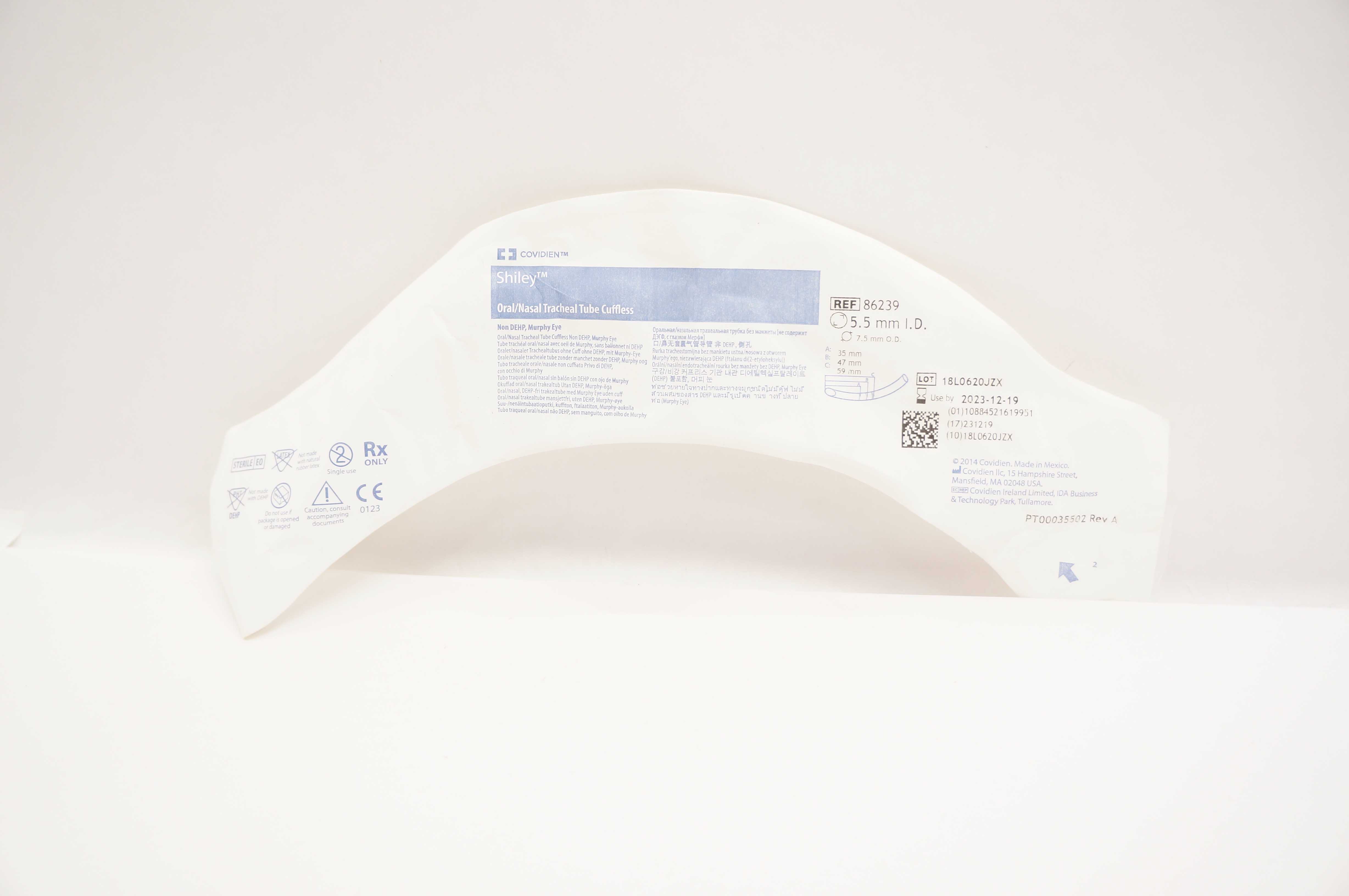 Covidien 86239 Shiley Oral/Nasal Tracheal Tube Cuffless 5.5mm ID (x)