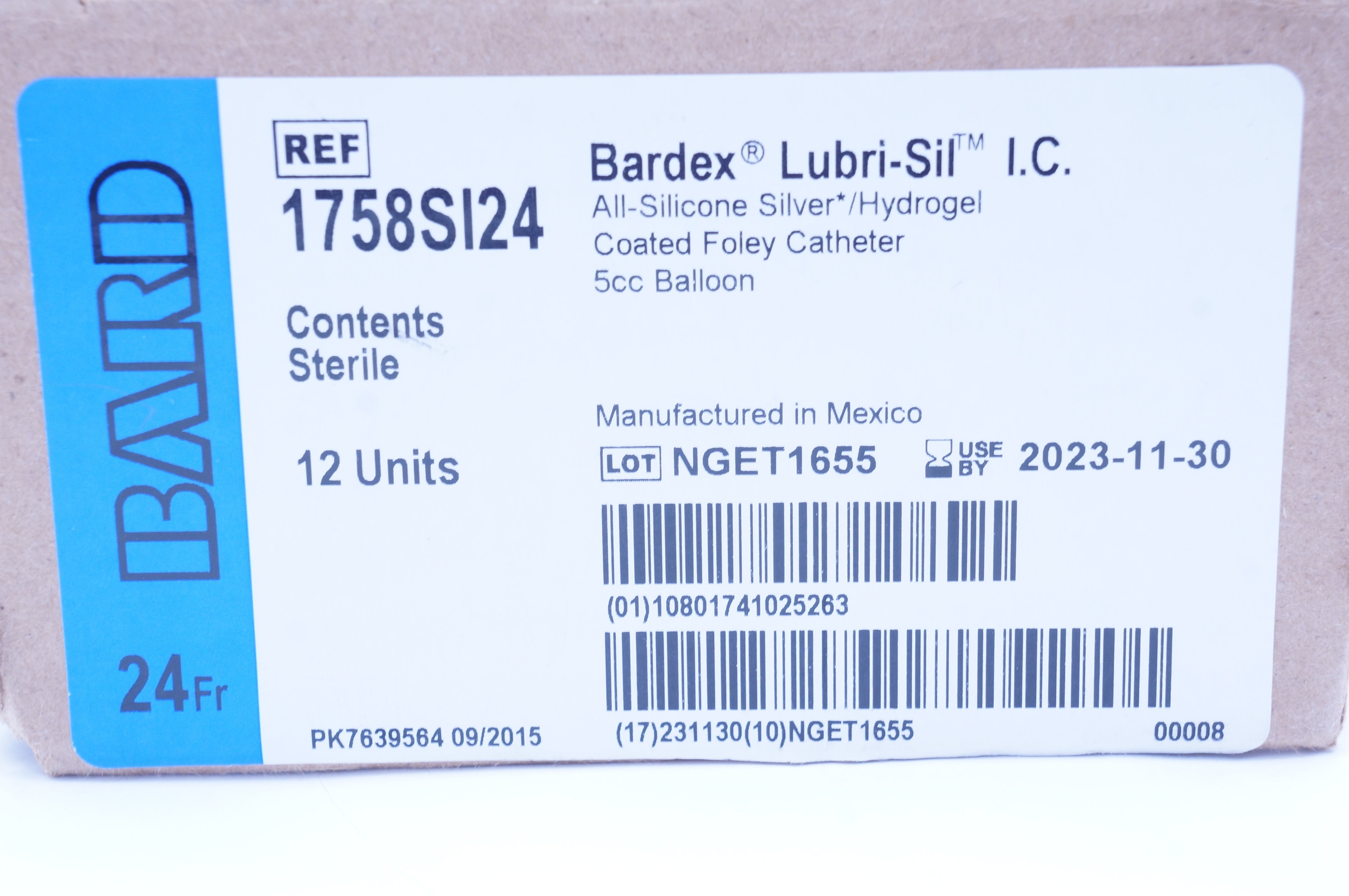 Bard 1758SI24 All-Silicone Silver Hydrogel Coated Foley Cath. 24 Fr. - Box of 12
