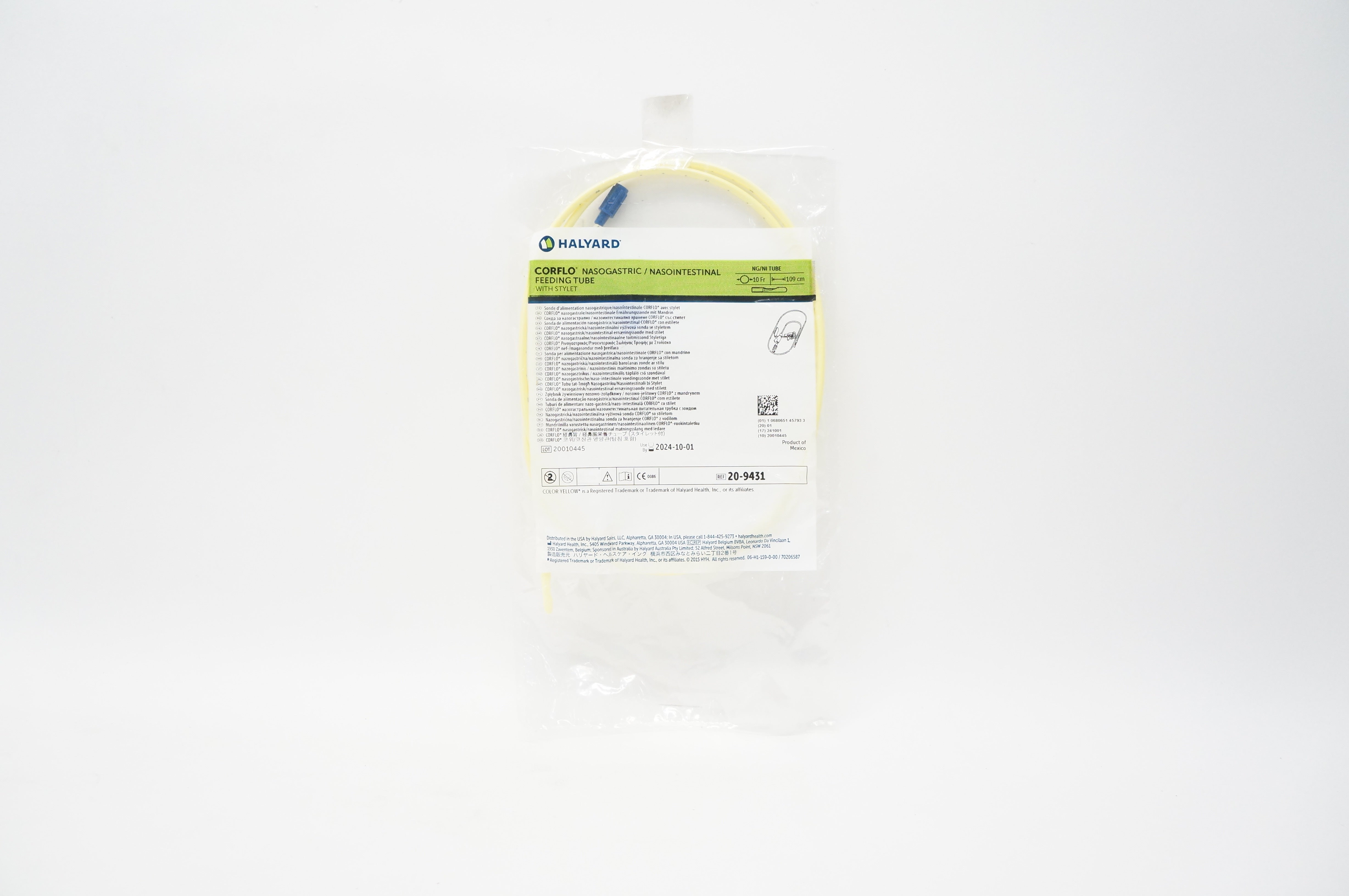 Halyard 20-9431 Corflo Nasogastric/Nasointestinal Feeding Tube 10Fr x 109cm