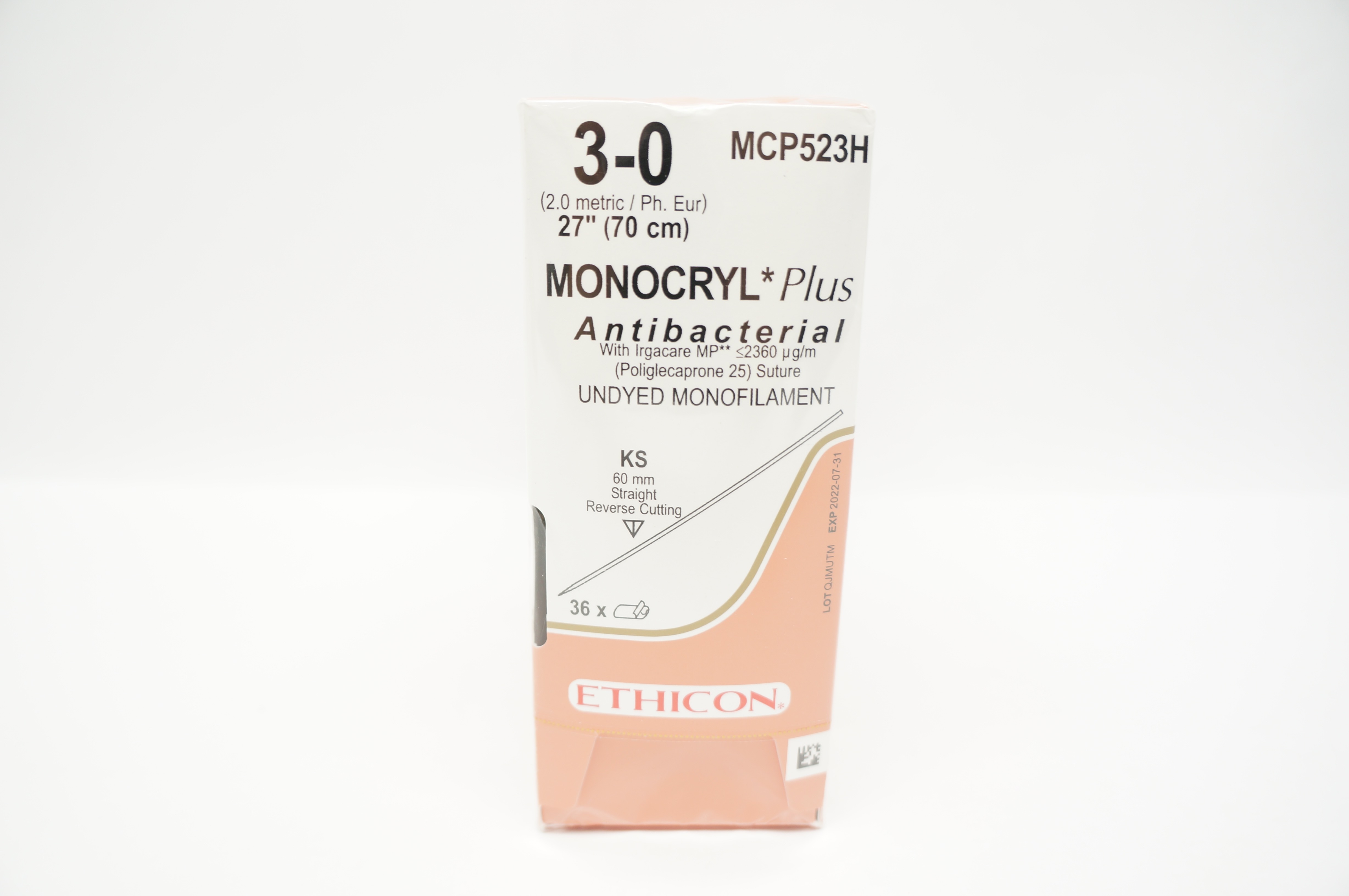 Ethicon MCP523H 3-0 Monocryl Plus, KS, 60mm Straight, 27inch (x) - Box of 36