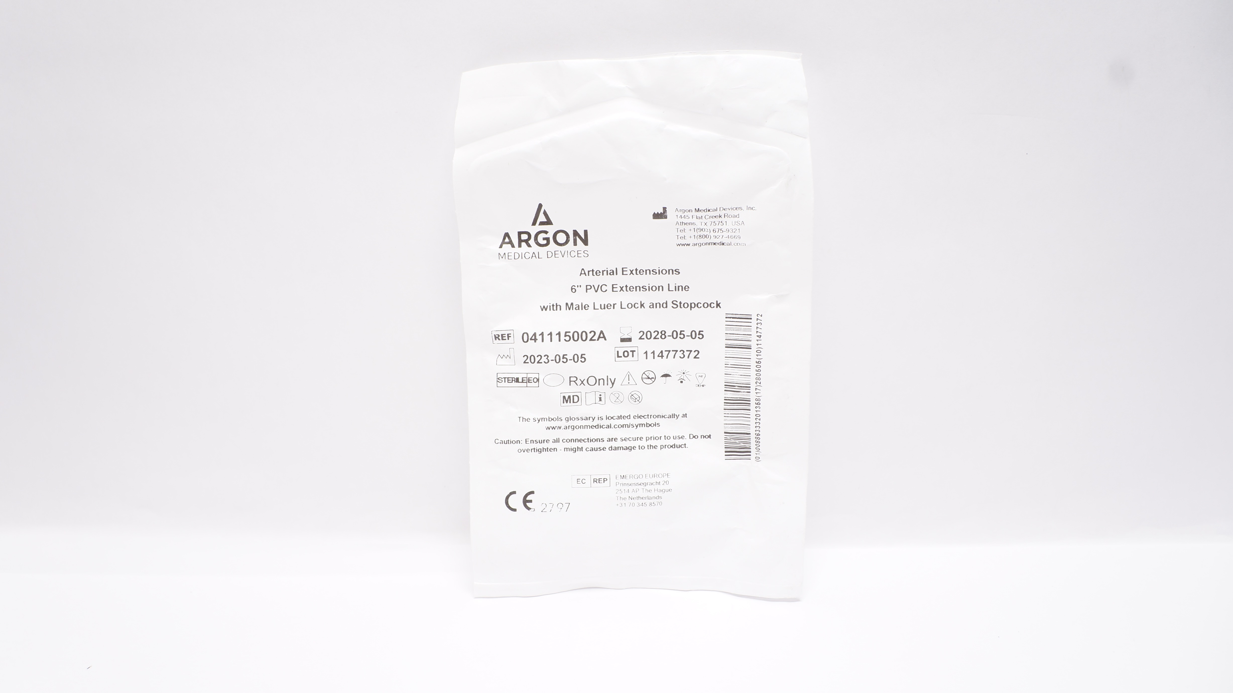 Argon 041115002A PVC Extension Line w/Male Luer Lock and Stopcock, 6inch