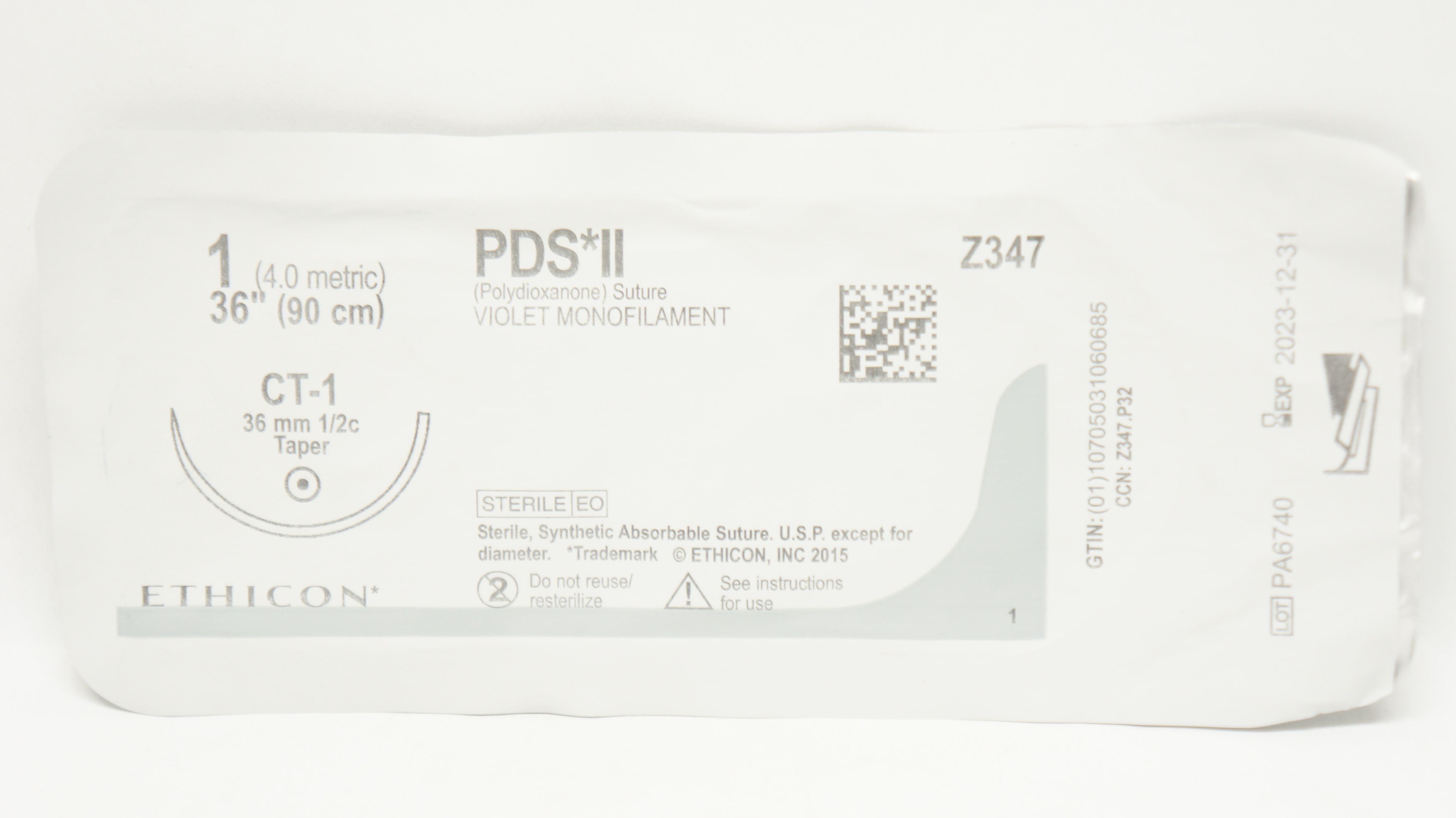 Ethicon Z347 1 PDS II Polydioxanone Stre CT-1, 36mm 1/2c Taper, 36inch