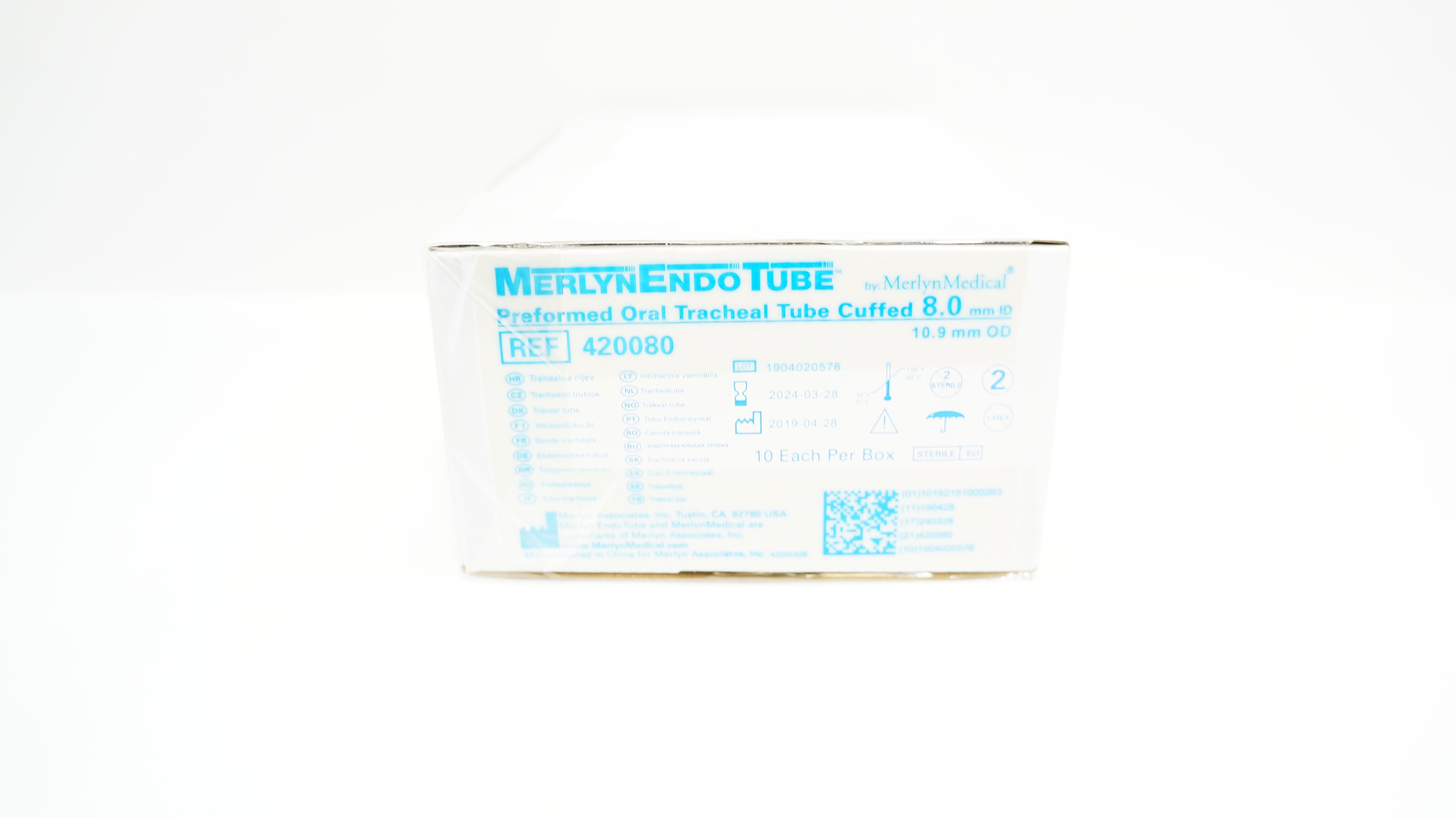 Merlyn Medical 420080 Preformed Oral Tracheal Tube 8.0ID x 10.9mmOD - Box of 10