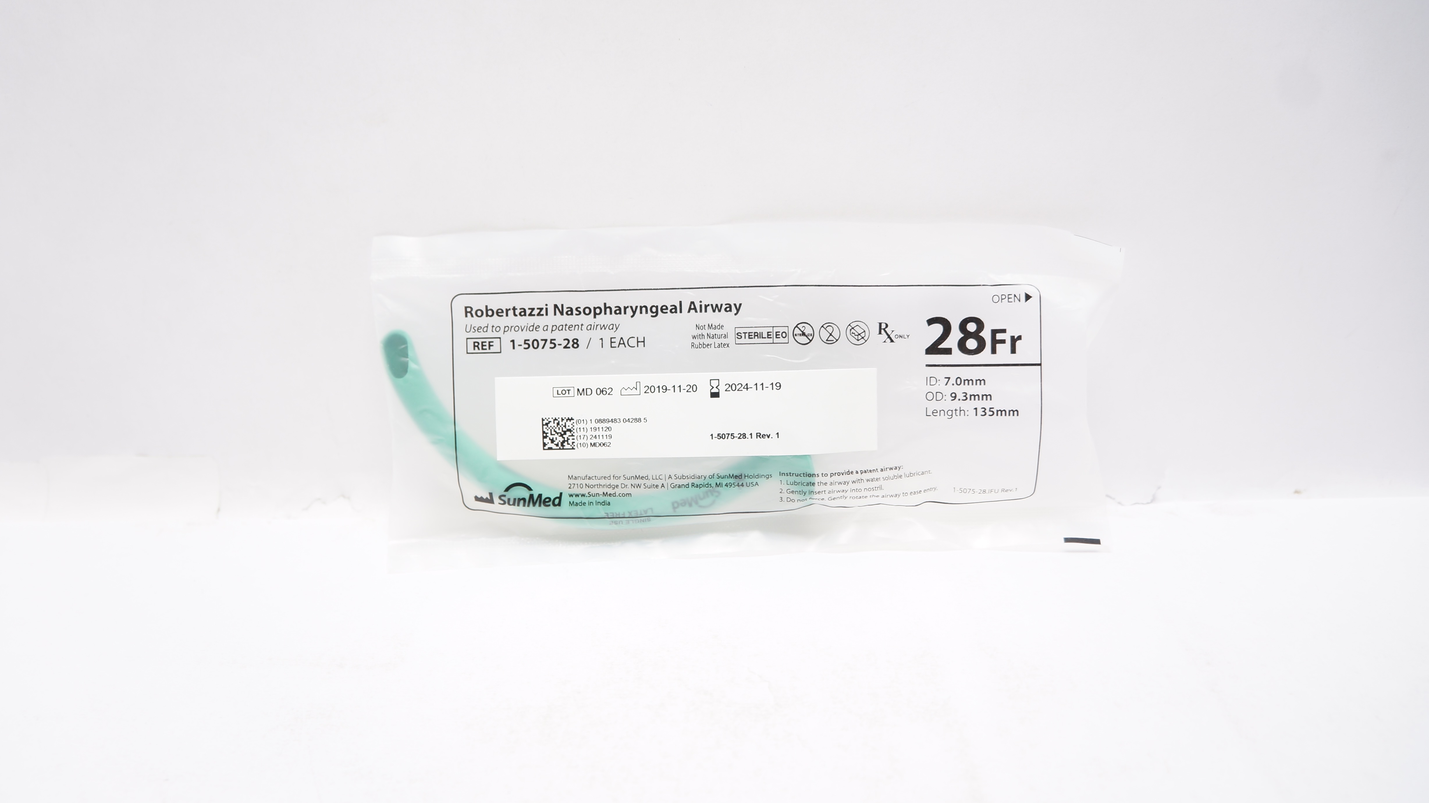 SunMed 1-5075-28 Robertazzi Nasopharyngeal Airway 28Fr 7.0mm ID x 9.3mm OD