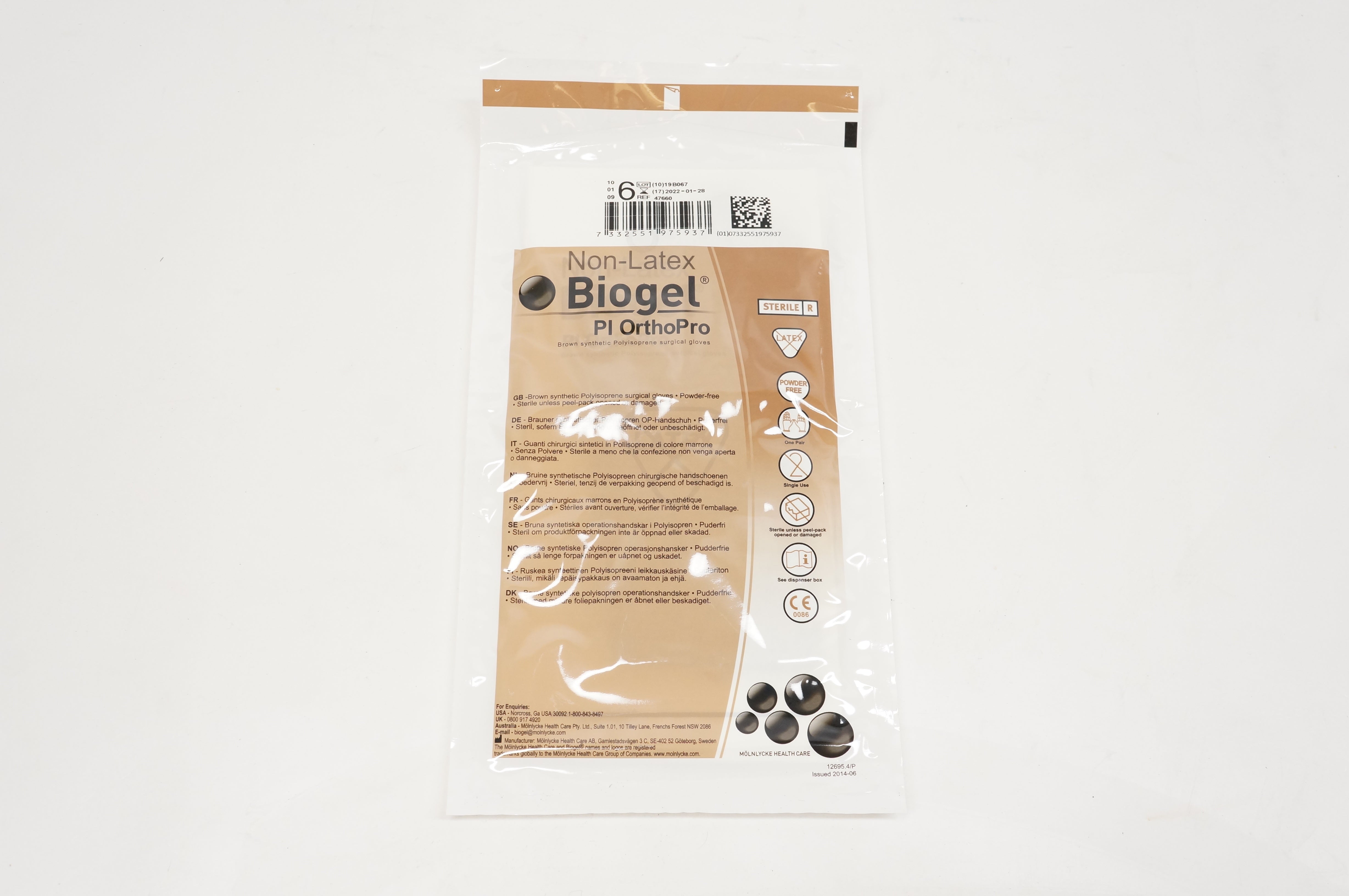 Molnlycke Health Care 47660 Biogel Pl OrthoPro Gloves, 6