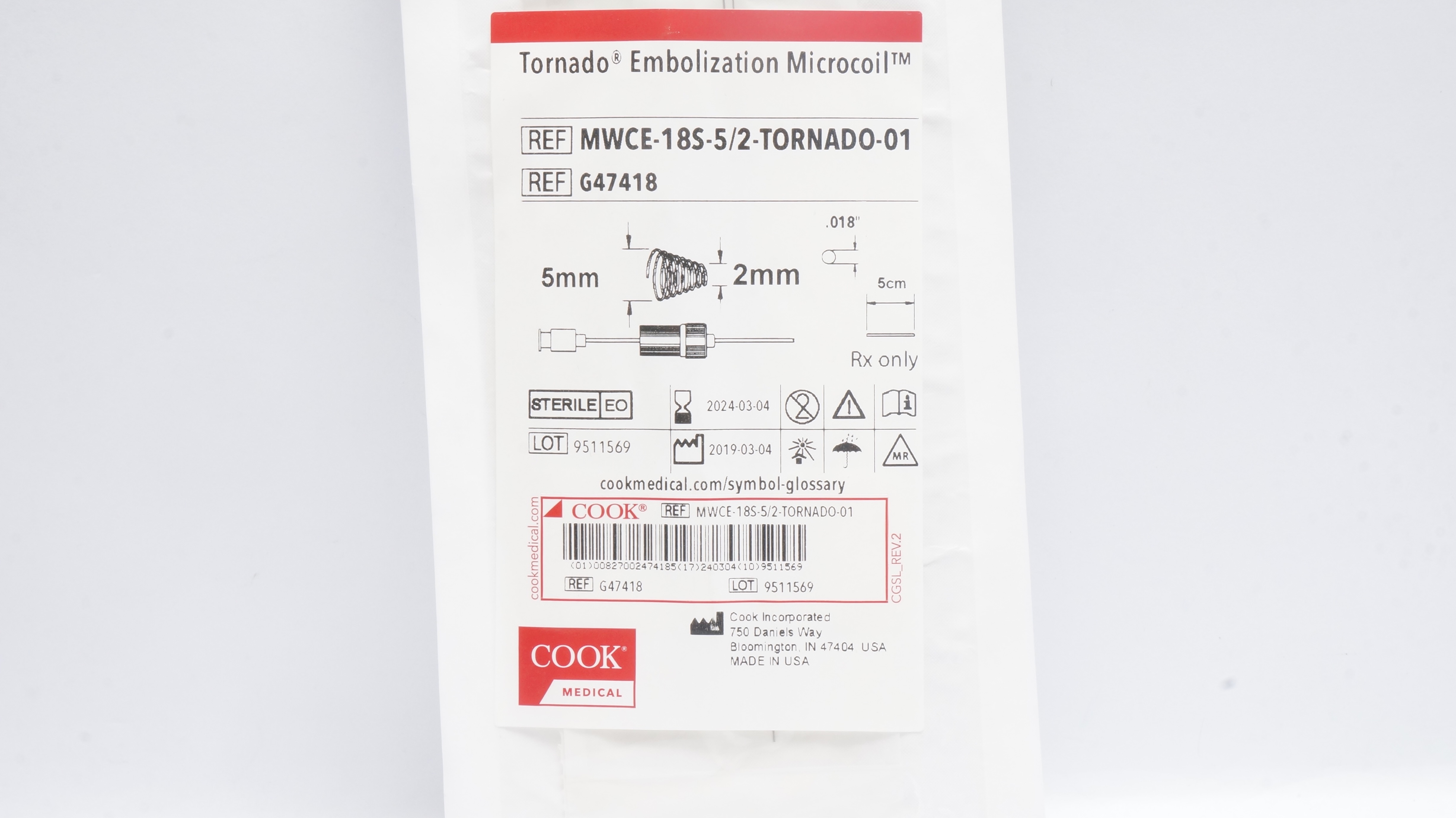 Cook Medical G47418 Tornado Embolization Microcoil .018inch x 5cm, 5-2mm (x)