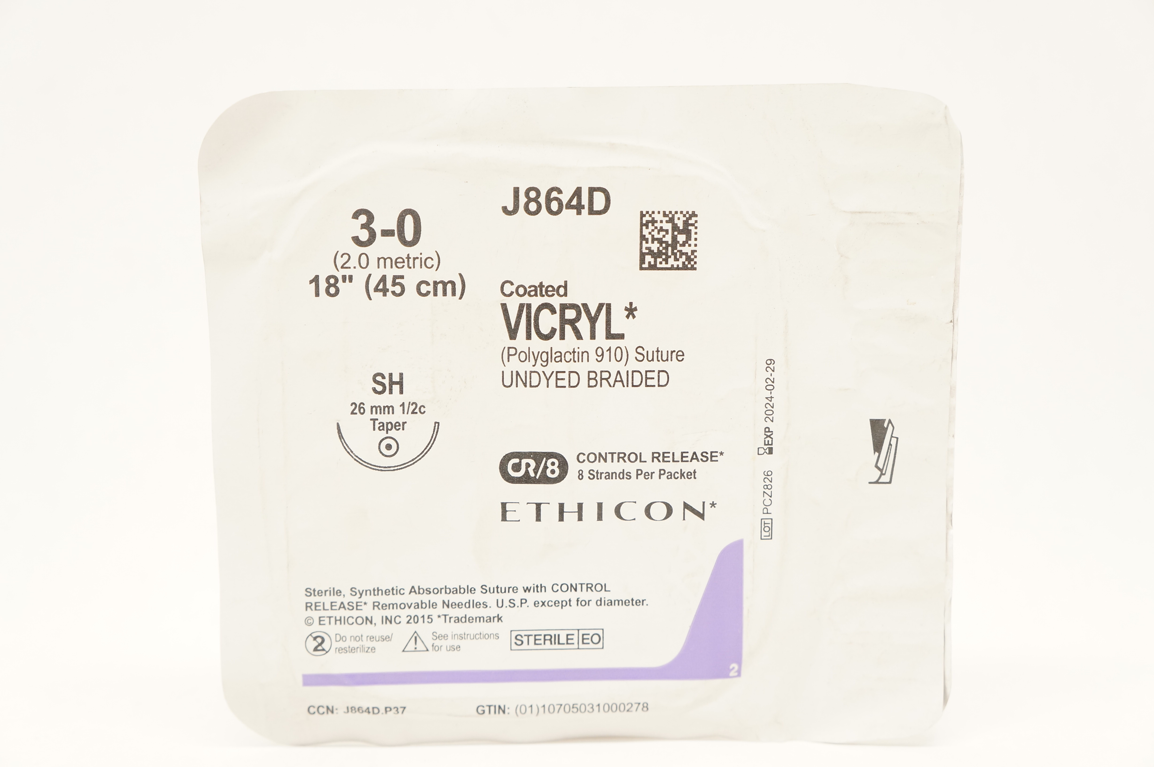 Ethicon J864D 3-0 Coated VICRYL Polyglactin 910 Stre SH 26mm 1/2c Taper 18inch