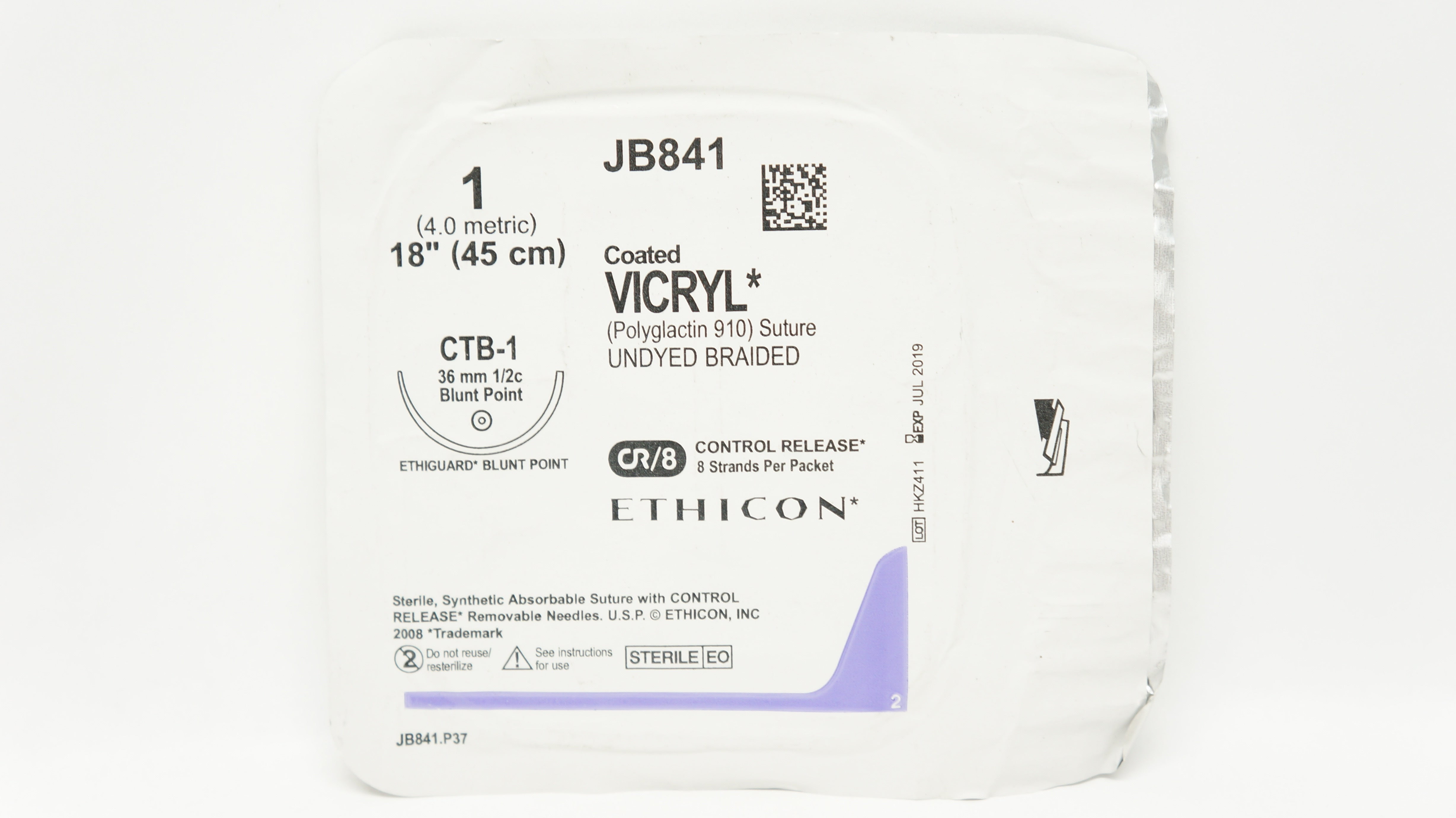 Ethicon JB841 1 Coated VICRYL CTB-1, 36mm 1/2c Blunt Point, 18inch (x)