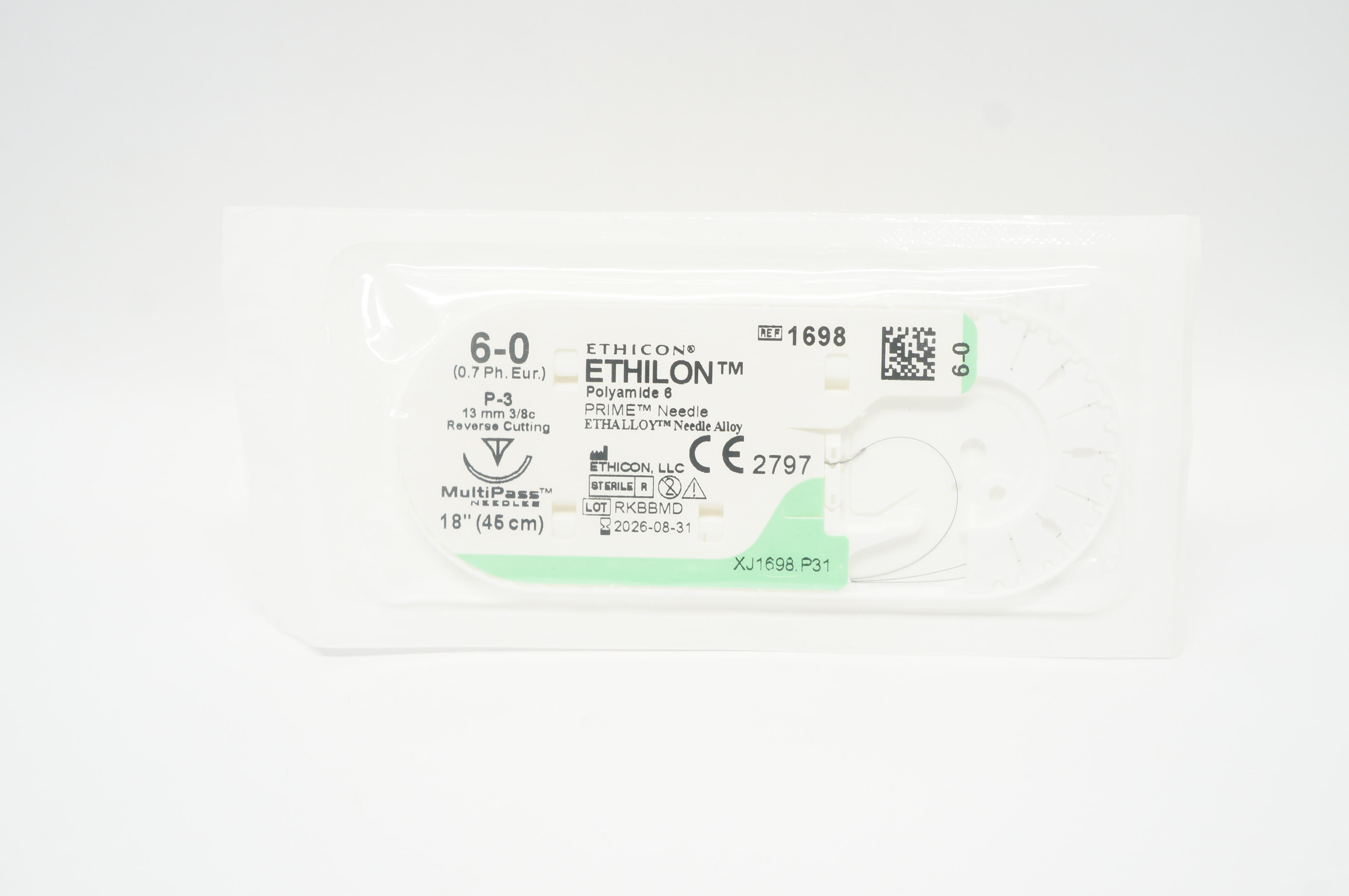 Ethicon 1698 6-0 Ethilon Polyamide 6 Stre P-3 13mm 3/8c Reverse Cutting, 18inch