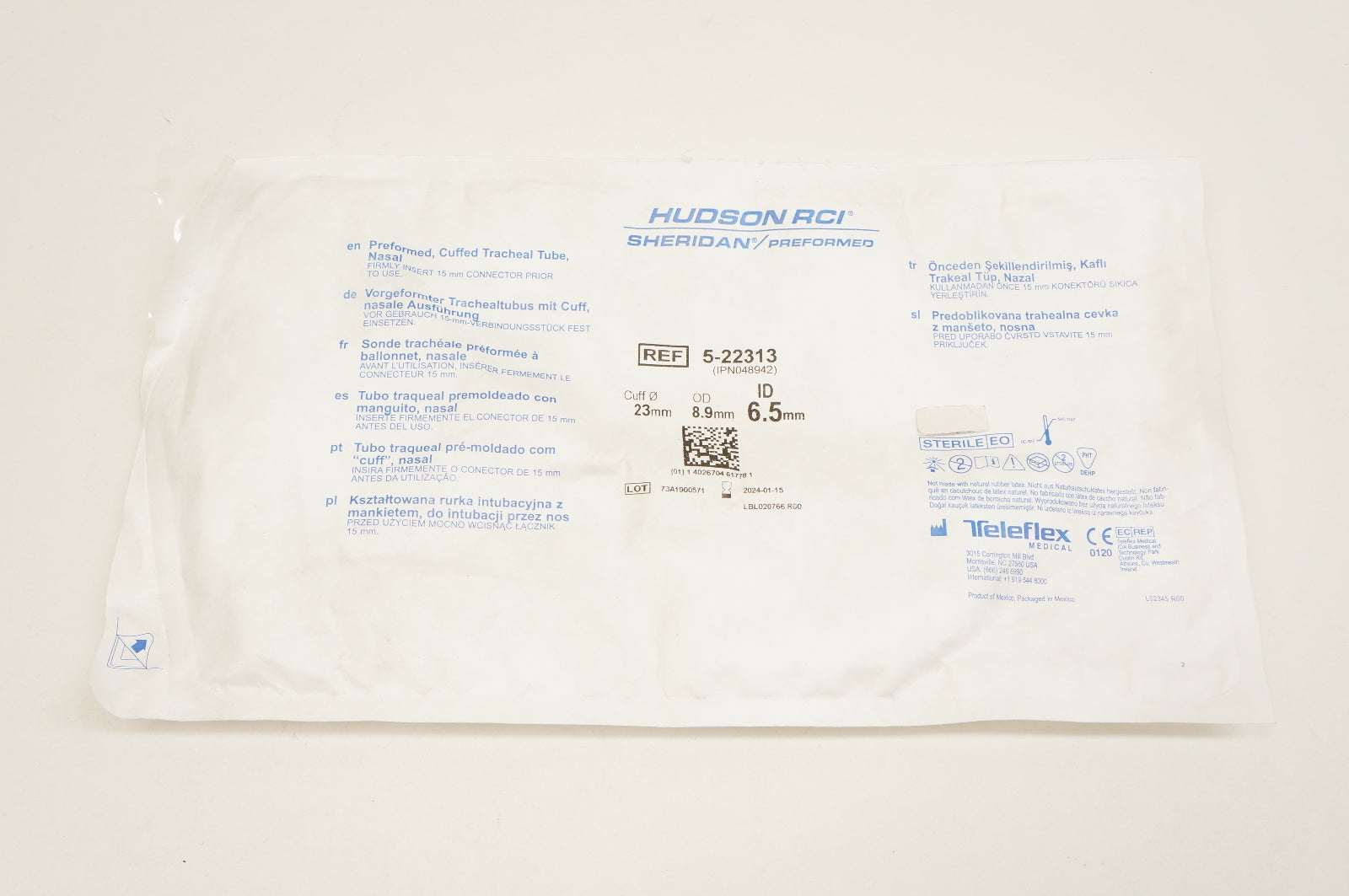 Hudson RCI 5-22313 SHERIDAN Preformed, Cuffed Tracheal Tube 23mm x 8.9mm x 6.5mm