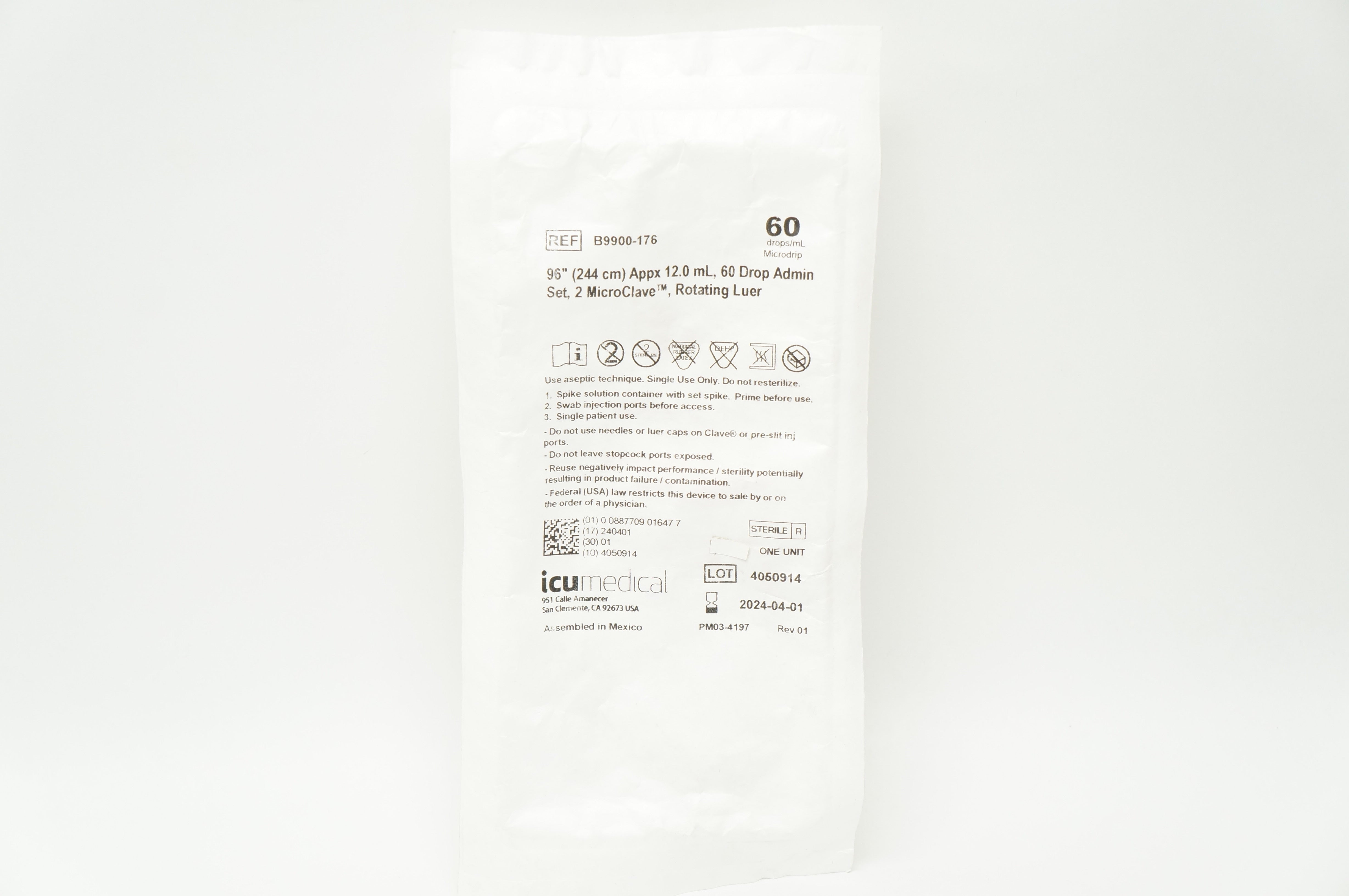 Icu Medical B9900-176 96in Appx. 12mL 60Drop Admin Set 2MicroClave Rotating Luer