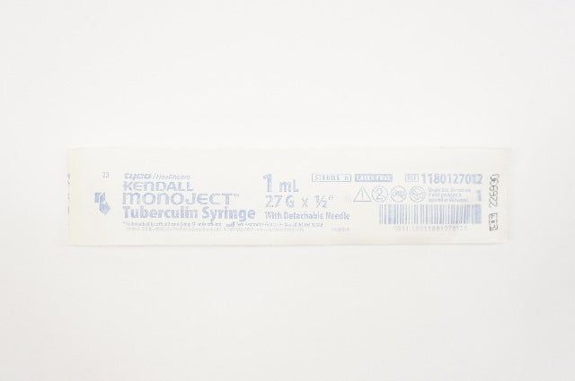 Tyco 1180127012 Kendal Monoject Tuberculin Syringe, 1mL 27G x 1/2inch