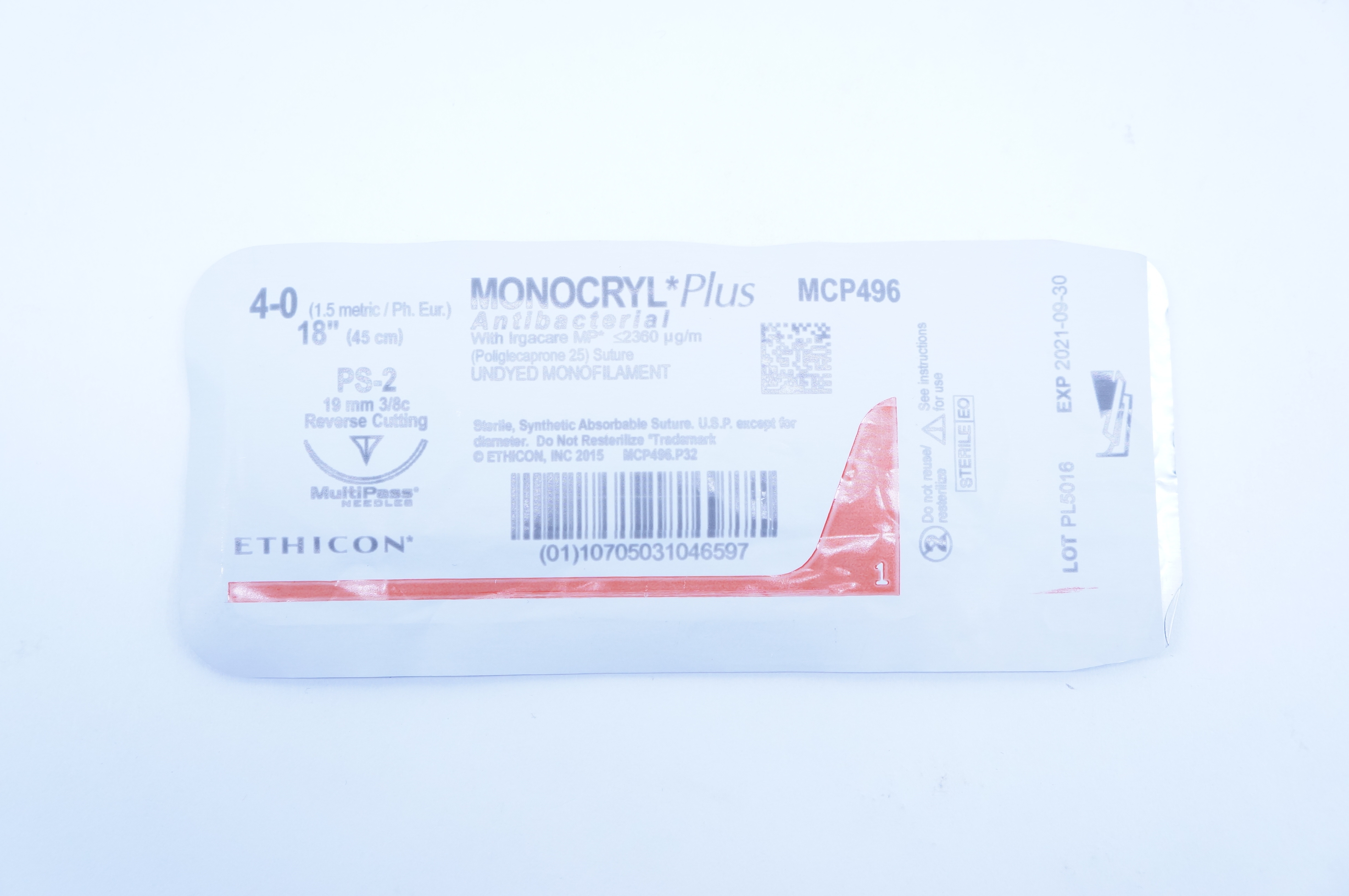 Ethicon MCP496 4-0 MONOCRYL, PS-2 19mm 3/8c, Reverse Cutting, 18inch