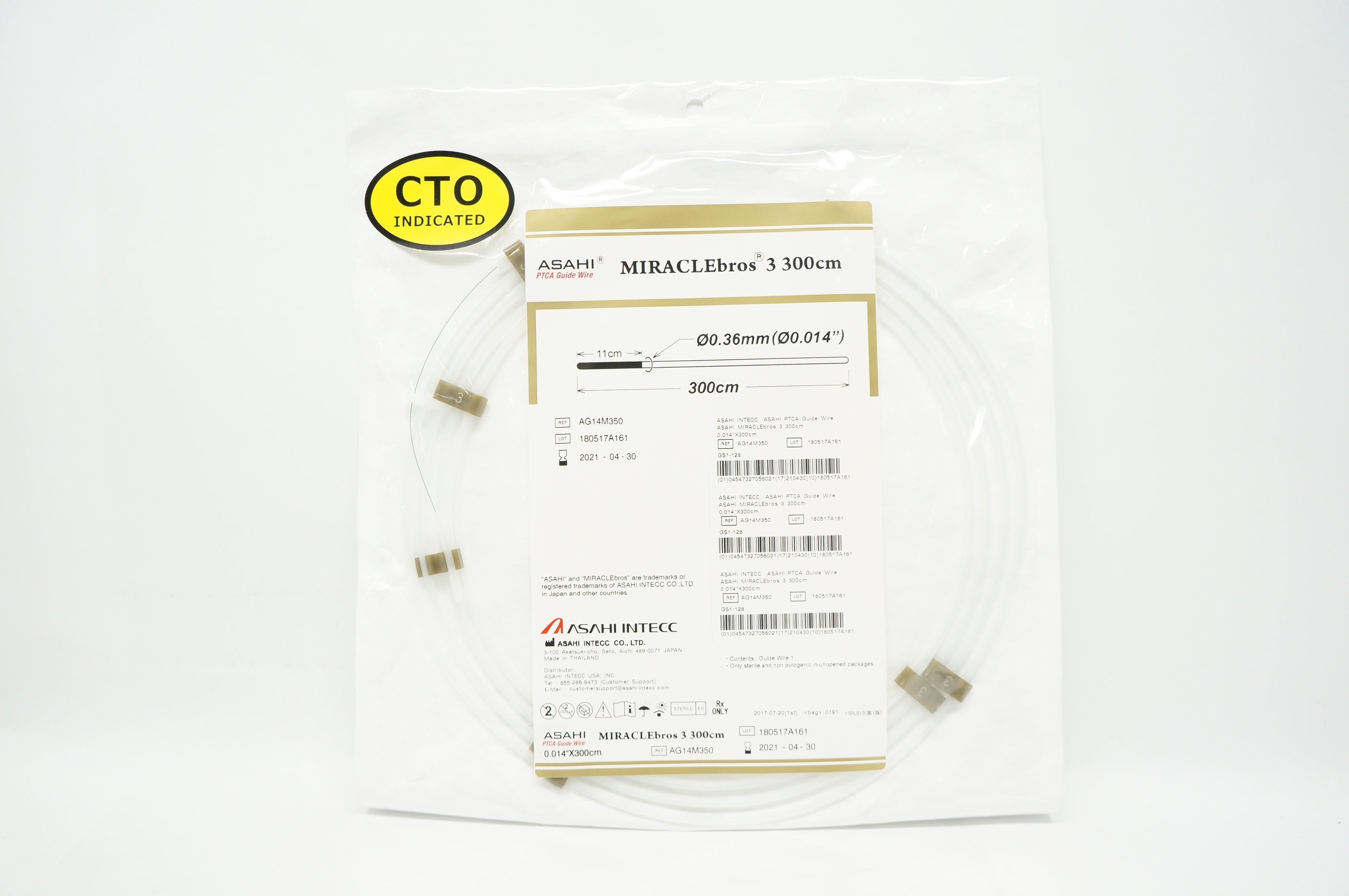 Asahi Intecc AG14M350 MIRACLEbros 3 PTCA Guide Wire 0.014in. x 300cm (x)