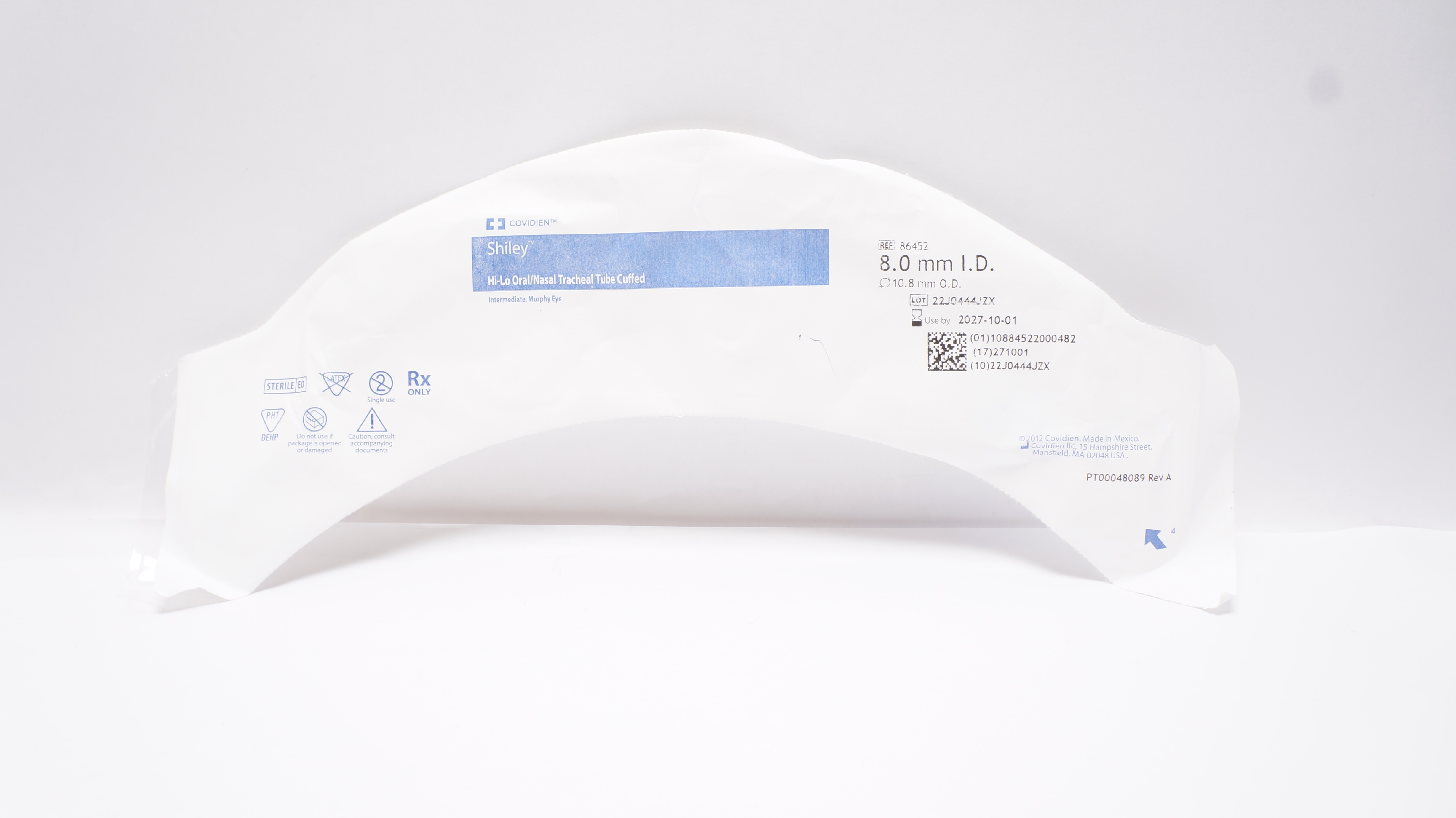 Covidien 86452 Shiley Hi-Lo Oral/Nasal Tracheal Tube Cuffed 8.0mm ID x 10.8mm OD