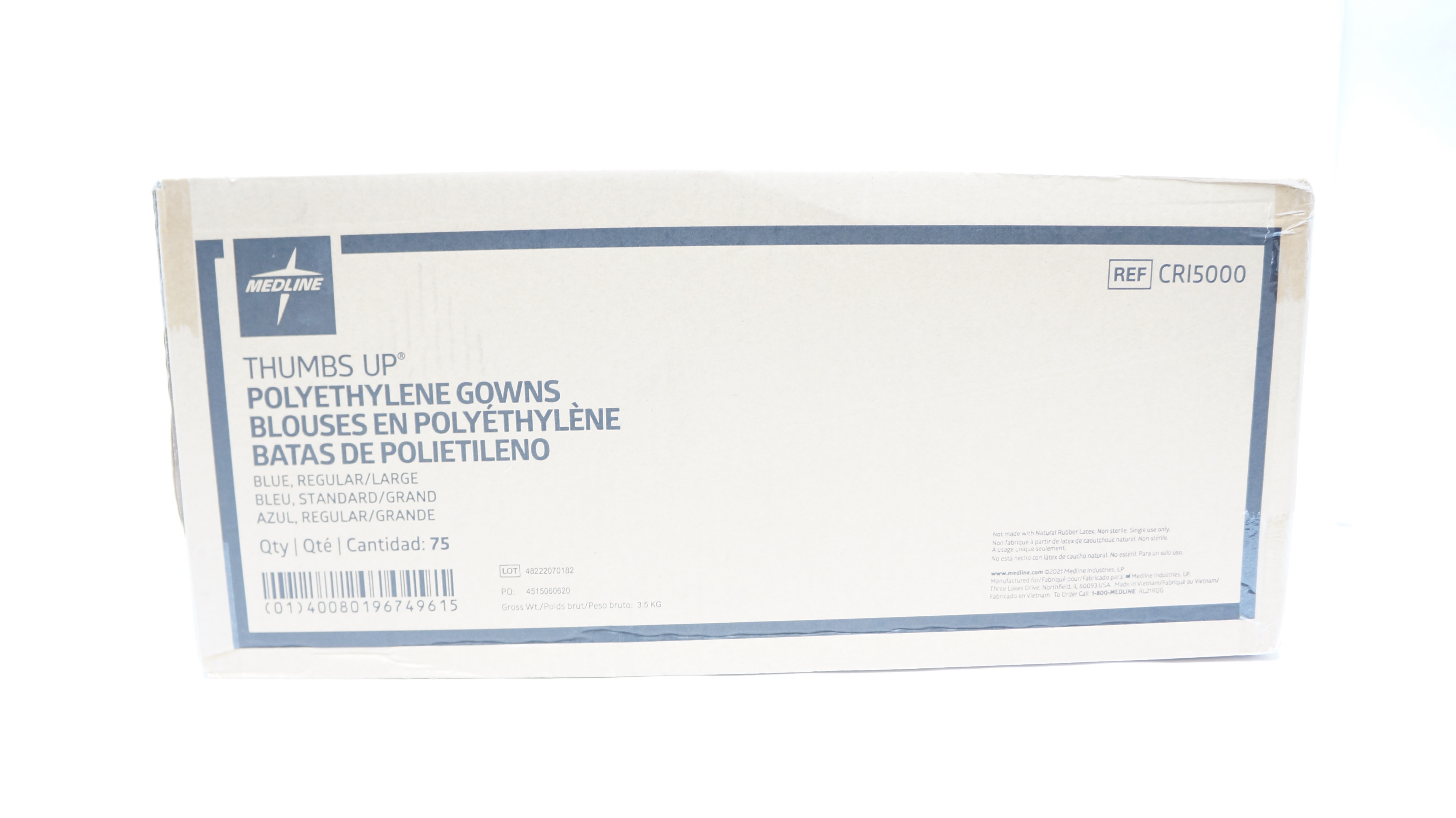 Medline CRI5000 Thumbs Up Polyethylene Gowns, Regular Large, Blue - Case of 75
