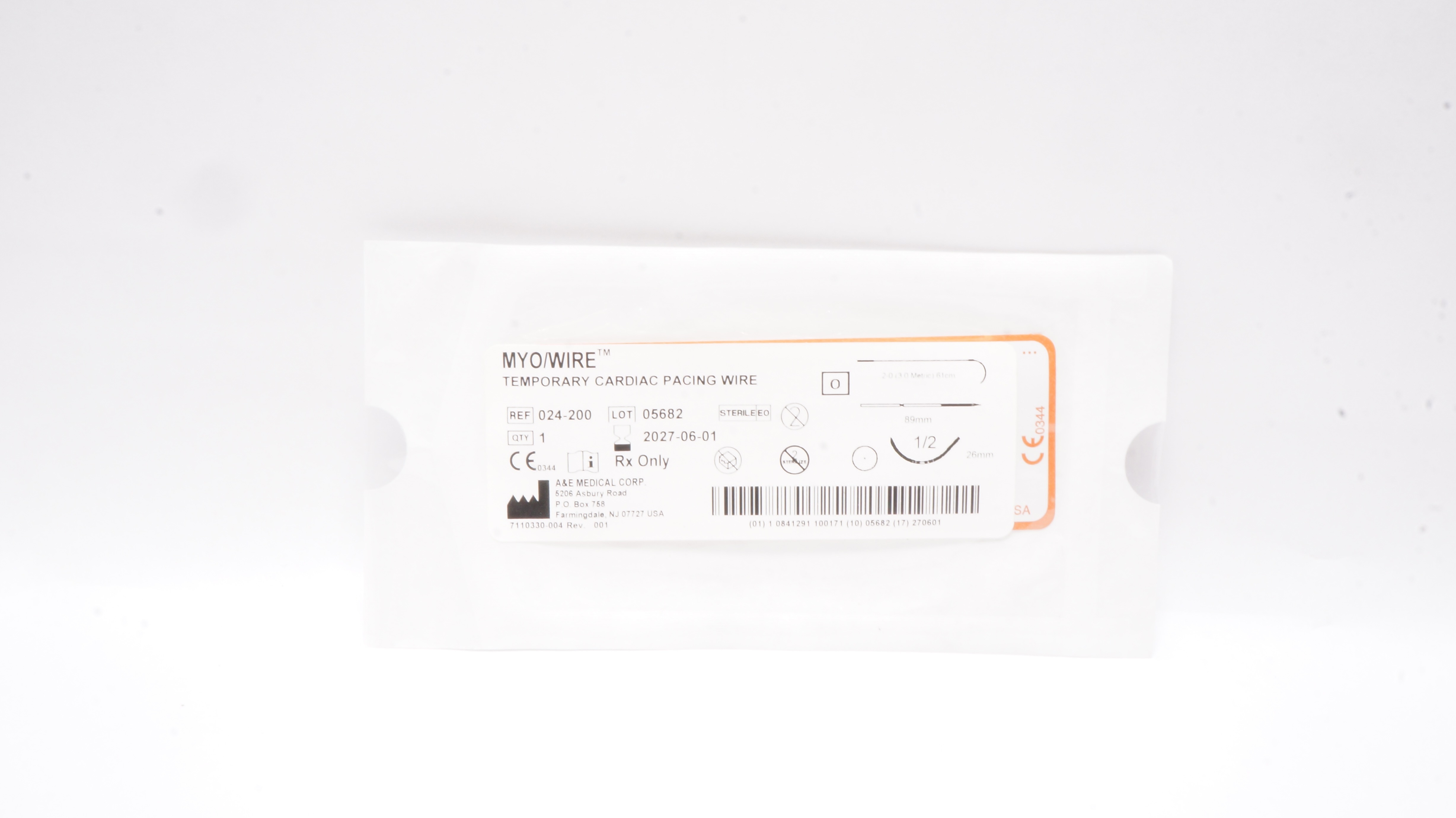 A&E 024-200 2-0 Myo/Wire Temporary Cardiac Pacing Wire 1/2c 26mm 61cm x 89mm