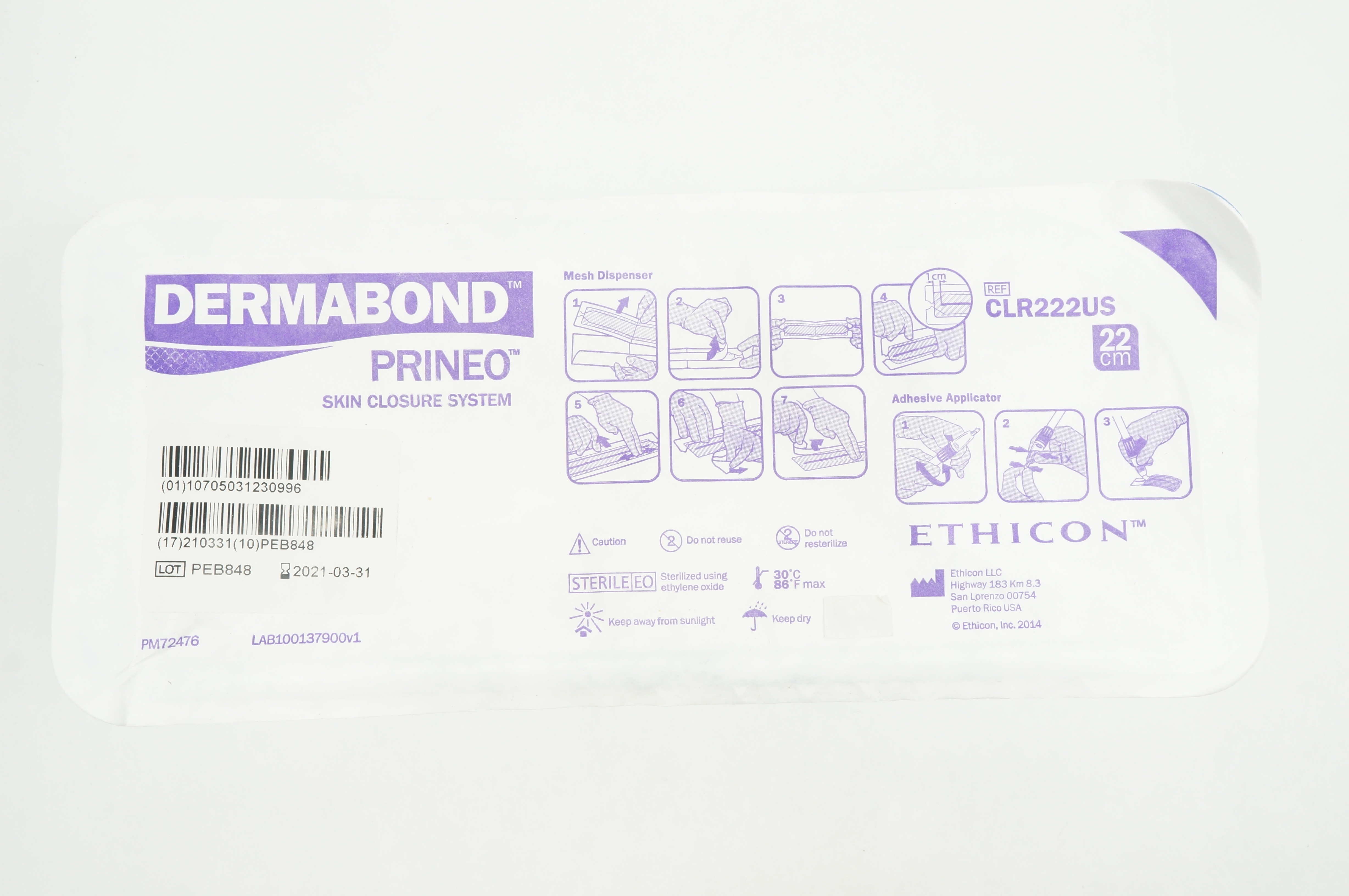 Ethicon CLR222US Dermabond Prineo Skin Closure System 22cm