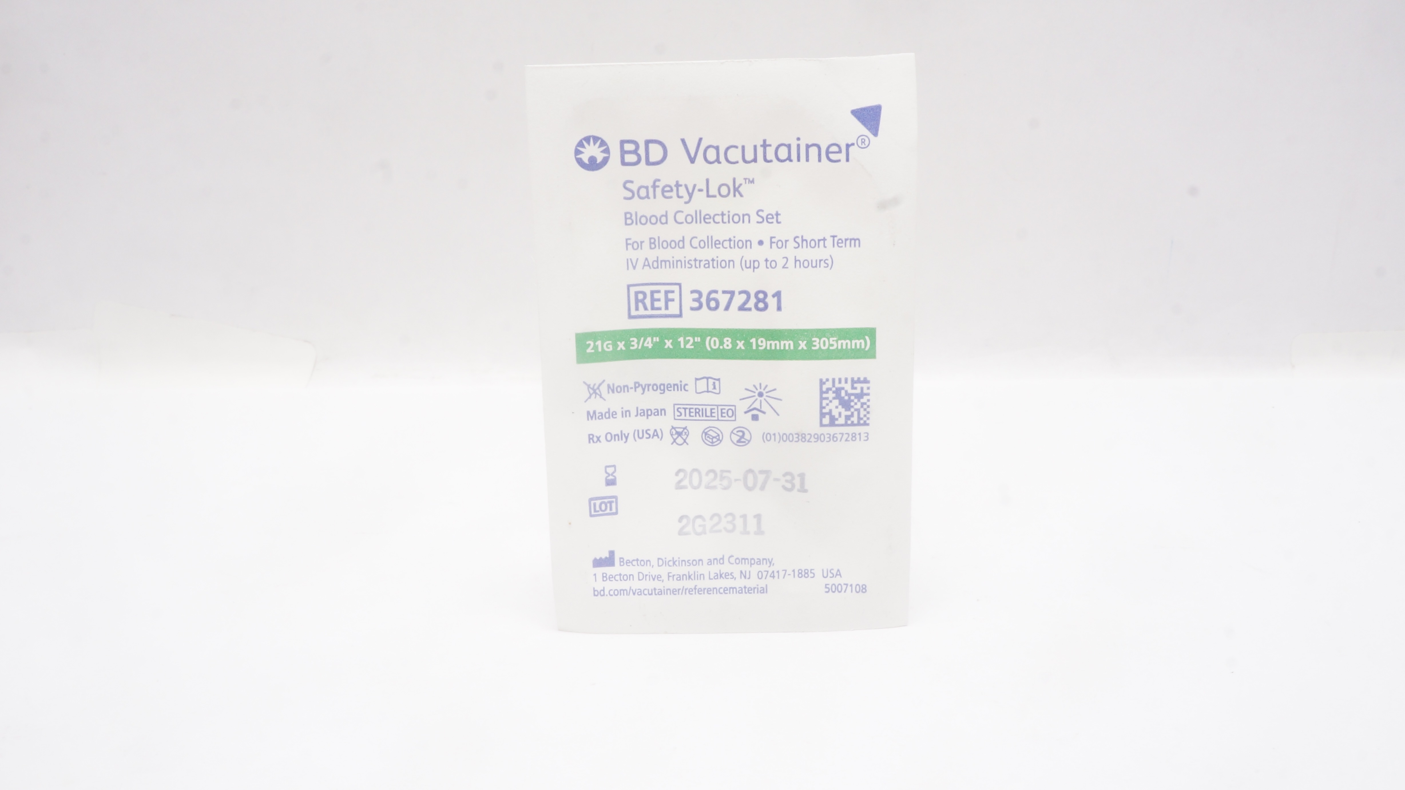 BD 367281 Vacutainer Safety-Lok Blood Collection Set 21G x 3/4inch x 12inch