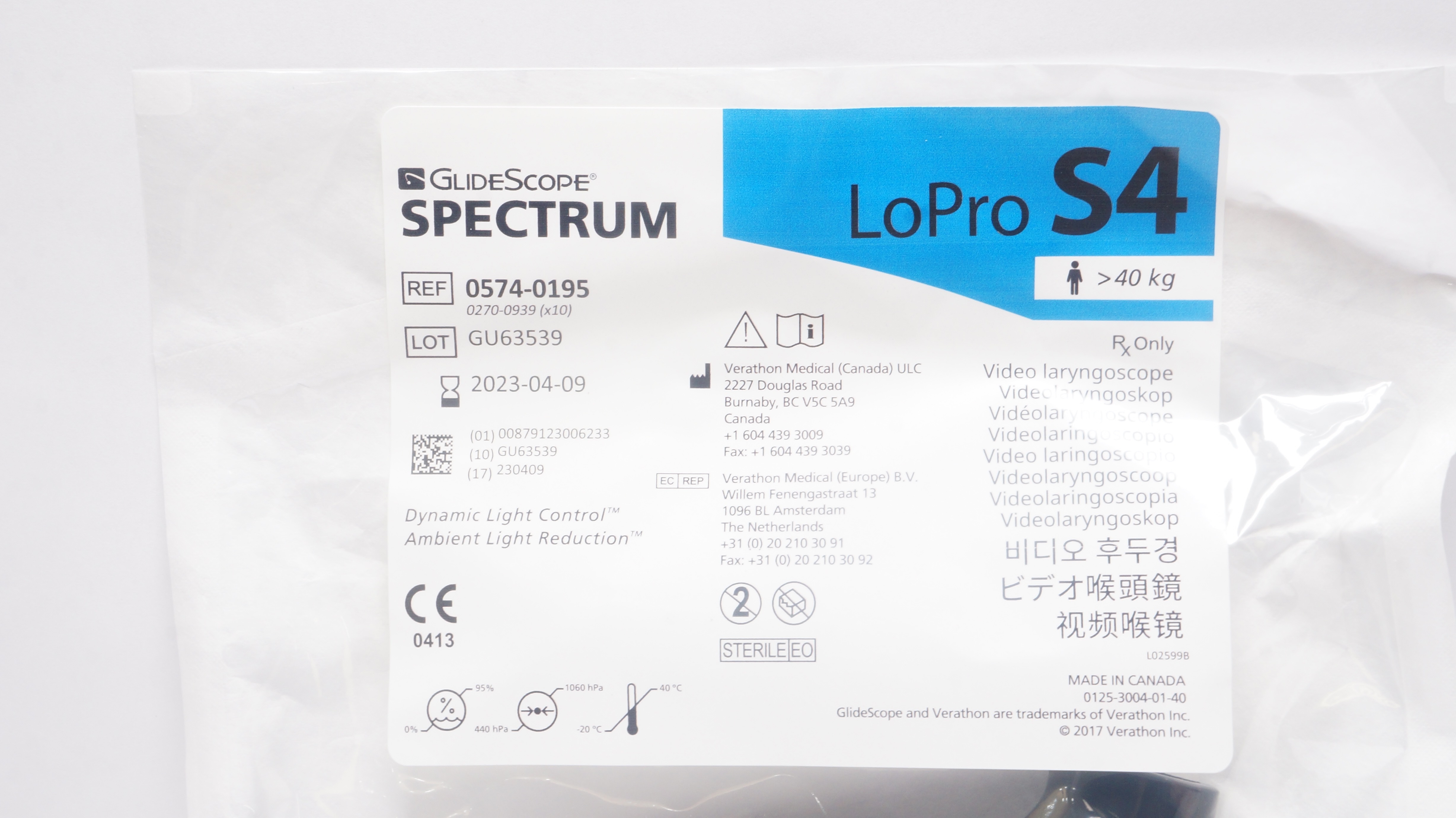 Verathon 0574-0195 GlideScope Spectrum LoPro S4 Video Laryngoscope >40kg (x)