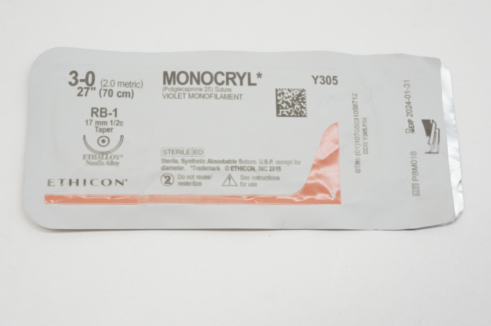 Ethicon Y305 3-0 MONOCRYL, RB-1, 17mm 1/2c Taper, 27inch