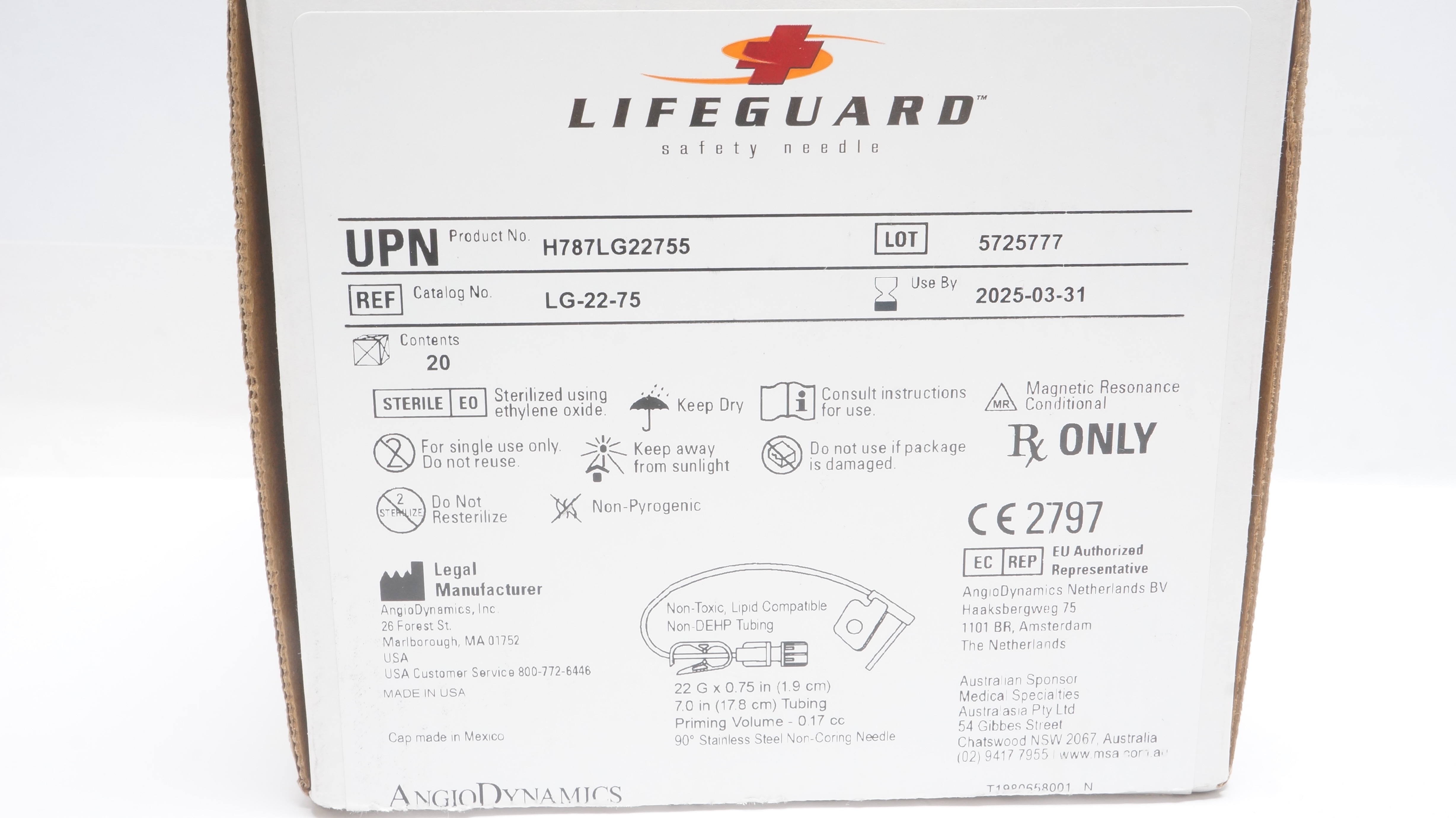 AngioDynamics LG-22-75 Lifeguard Safety Ndle 22G x 0.75inch x 7.0inch- Box of 20