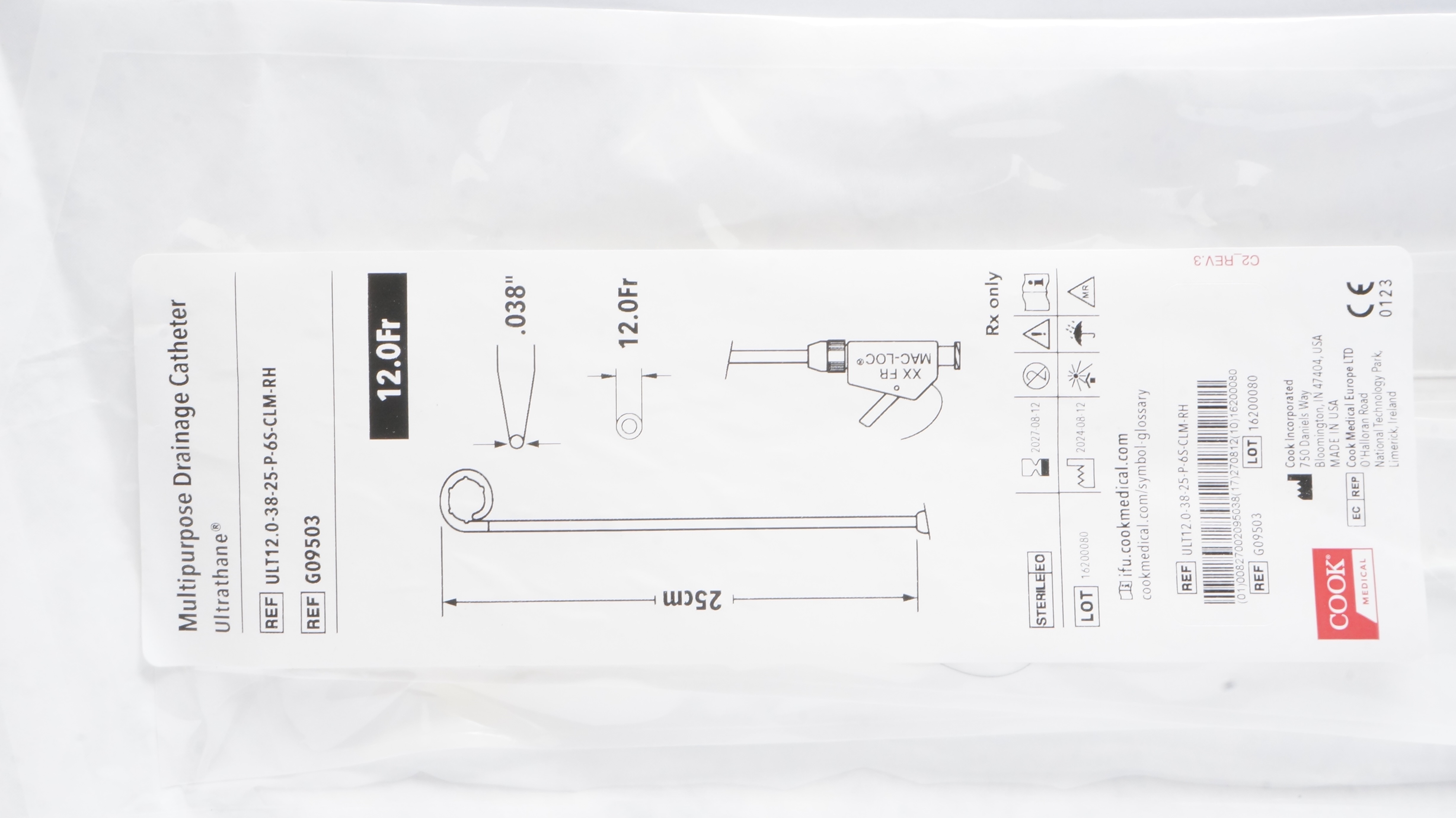 Cook Medical G09503 Multipurpose Drainage Cath. 12.0Fr x 25cm x .038inch