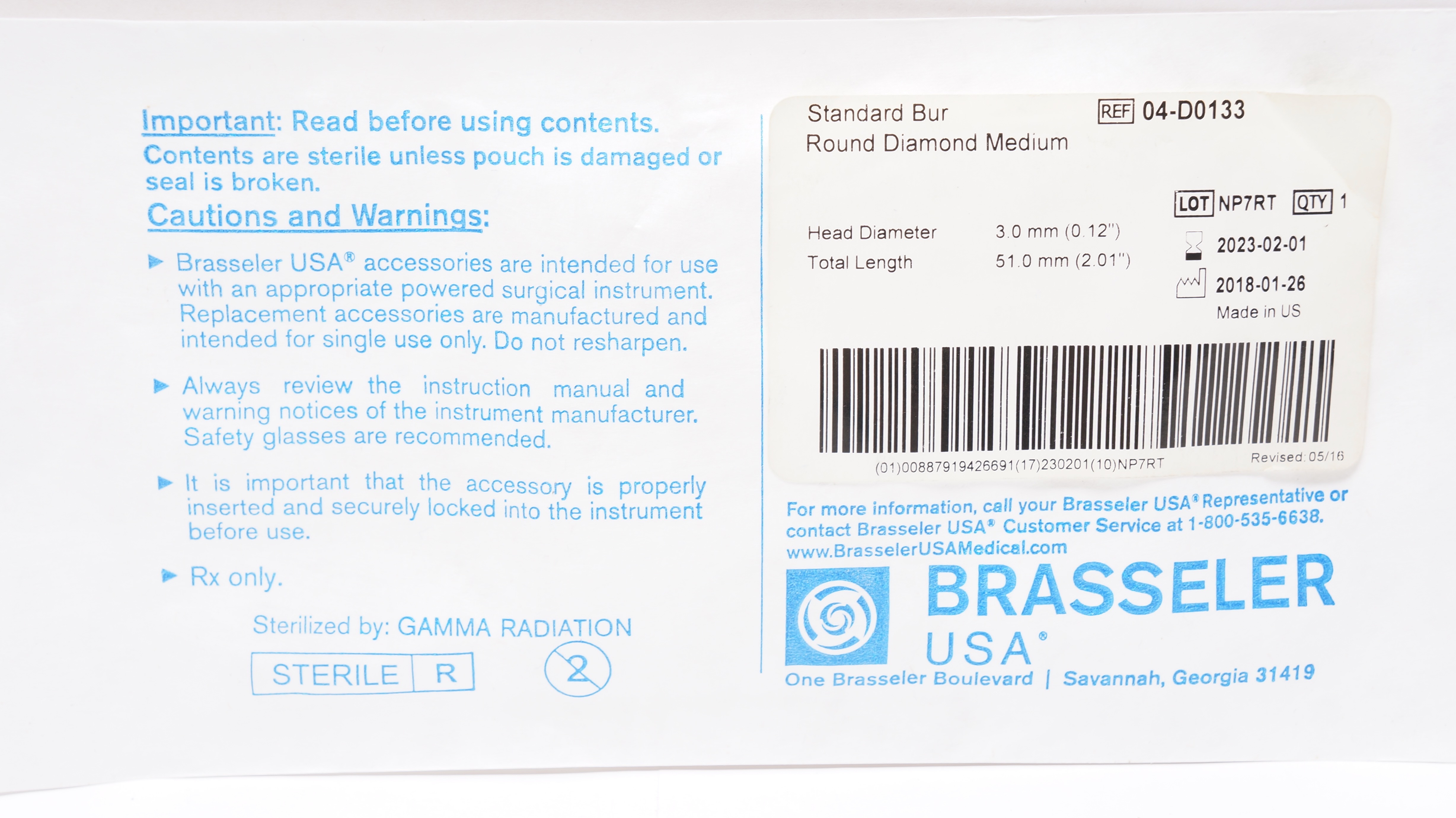 Brasseler 04-D0133 Standard Bur Round Diamond Medium 0.12 x 2.01 inch (x)