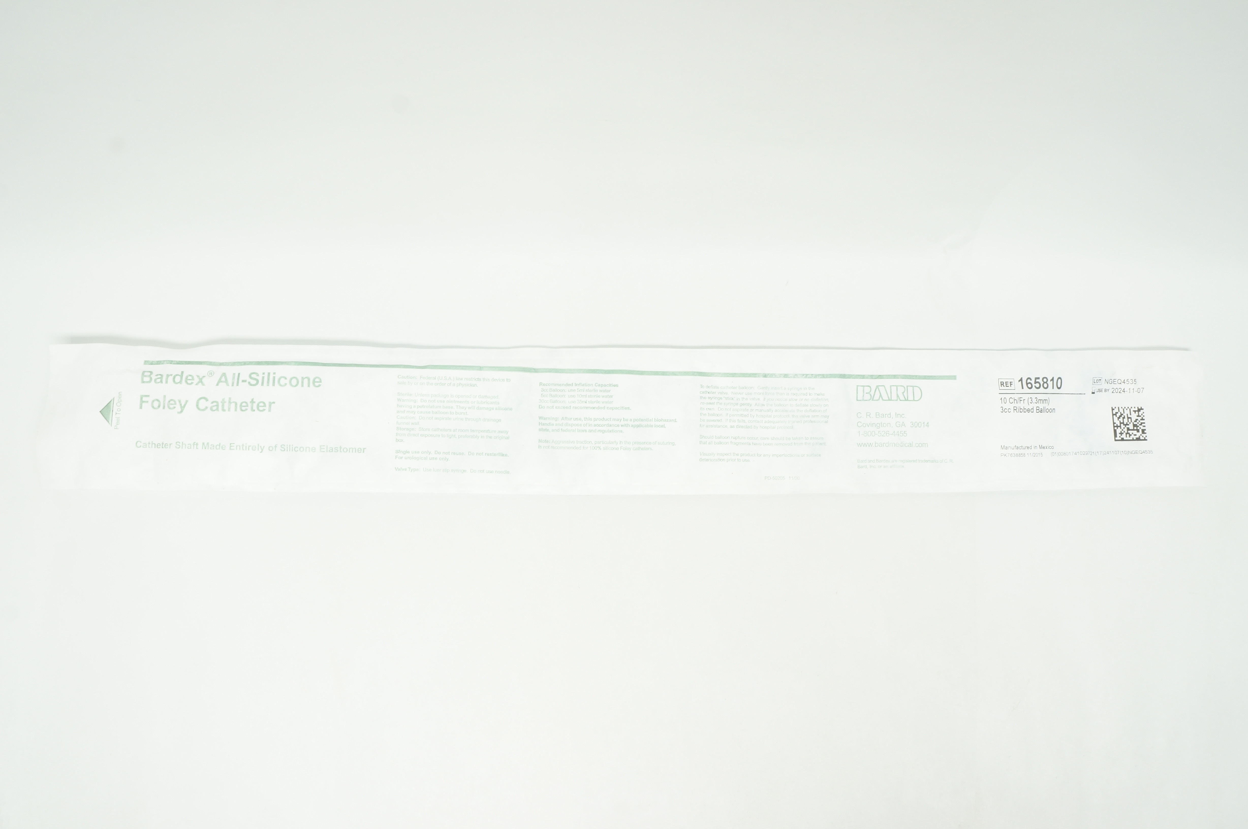 Bard 165810 Bardex All-Silicone Foley Cath. 10Fr 3cc Ribbed Balloon