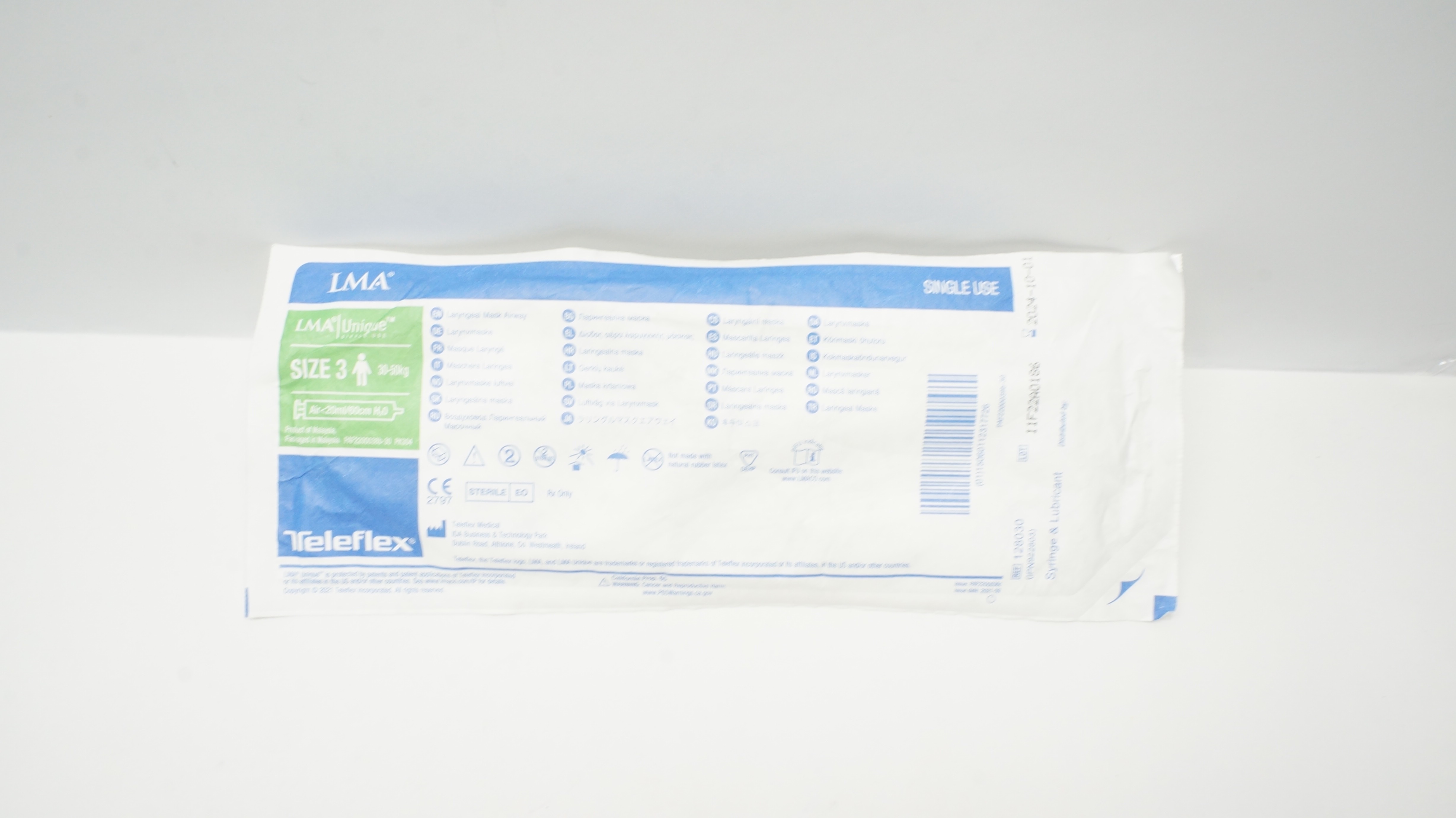 Teleflex 128030 LMA Unique Laryngeal Mask Airway Size3 30-50kg <20ml/60cm H2O(x)