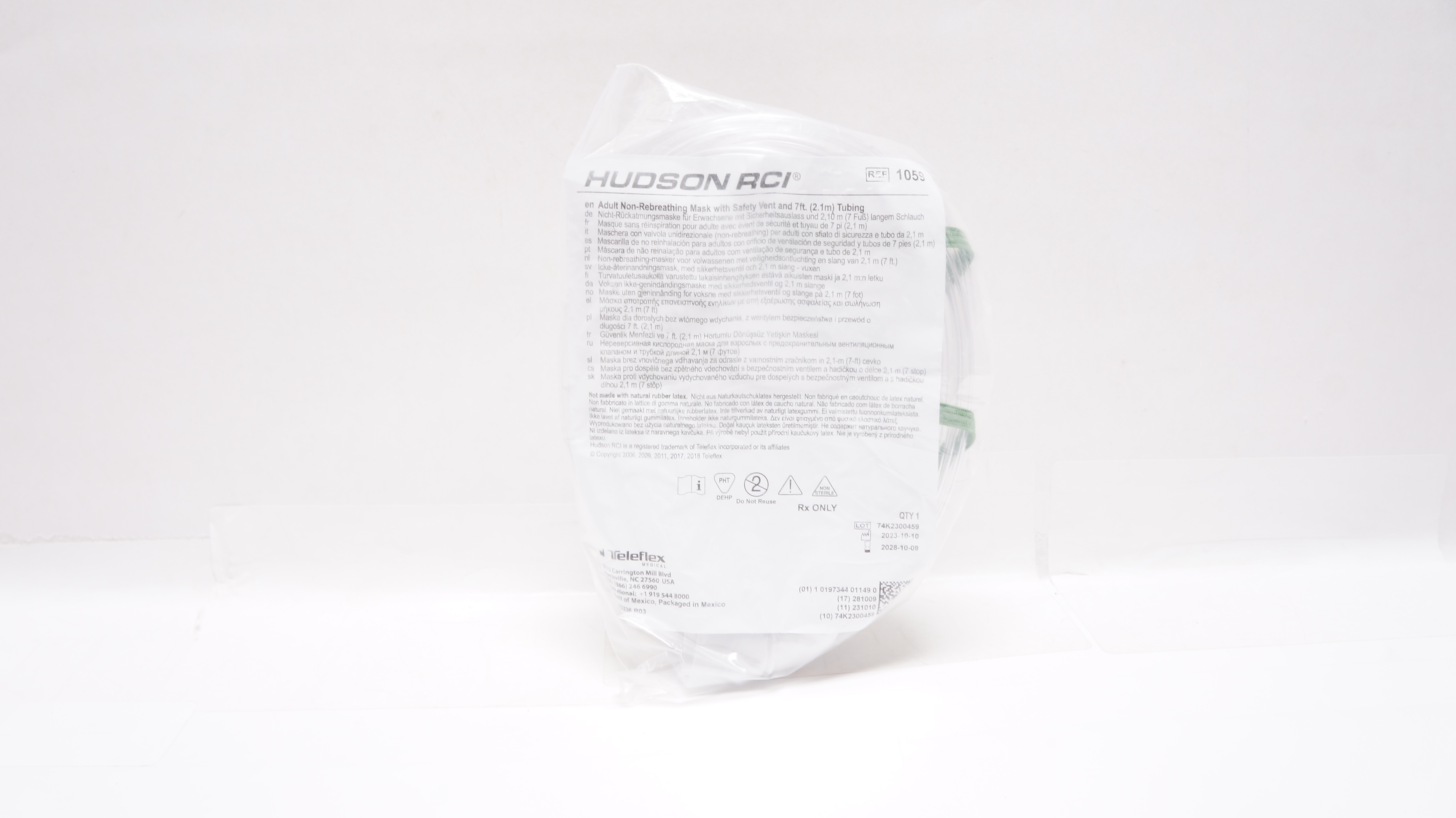 Teleflex 1059 Hudson RCI Adult Non-Rebreathing Mask w/Safety Vent & 7 ft. Tubing