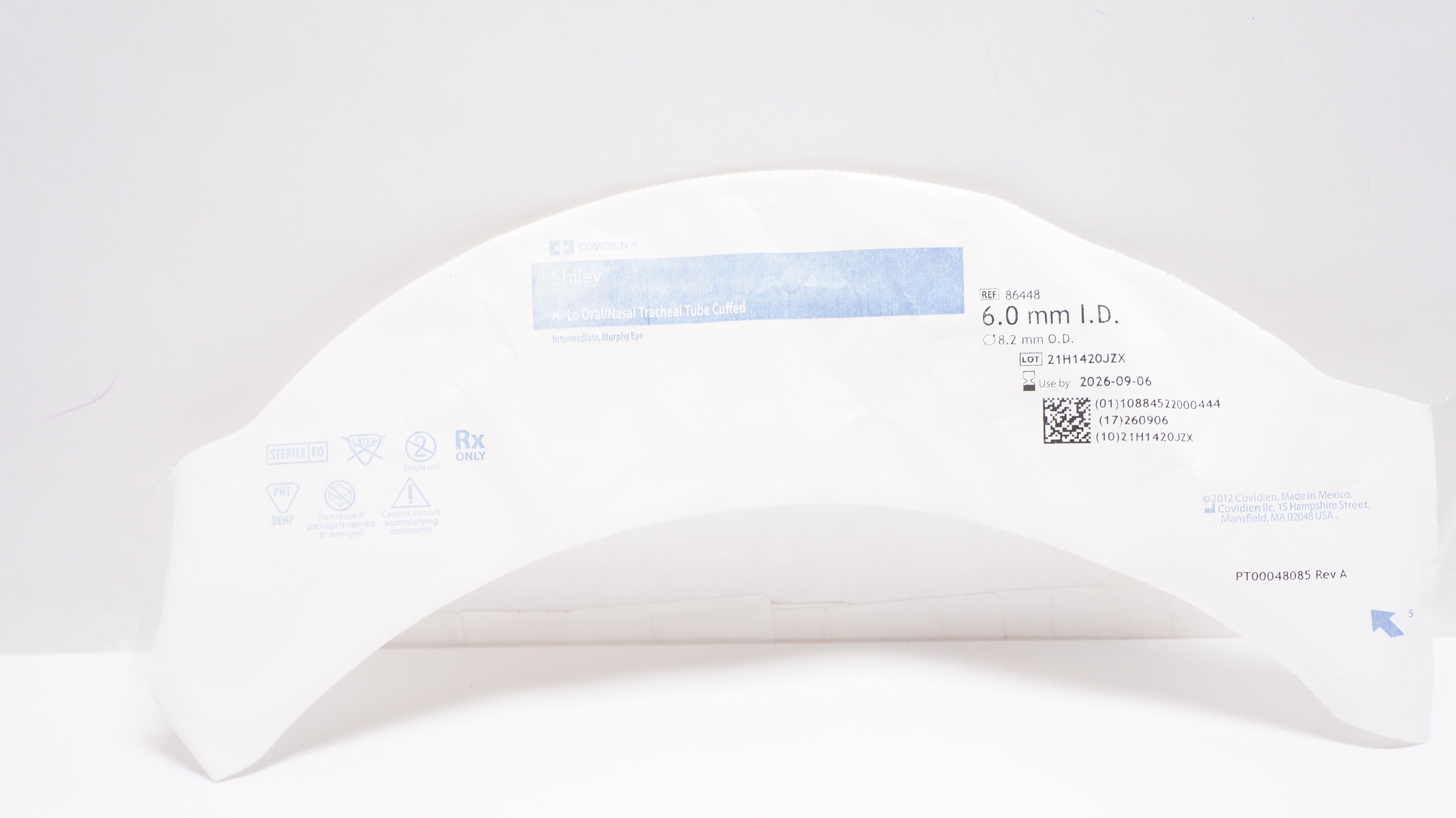 Covidien 86448 Shiley Hi-Lo Oral/Nasal Tracheal Tube Cuffed 6.0mm ID x 8.2mm OD