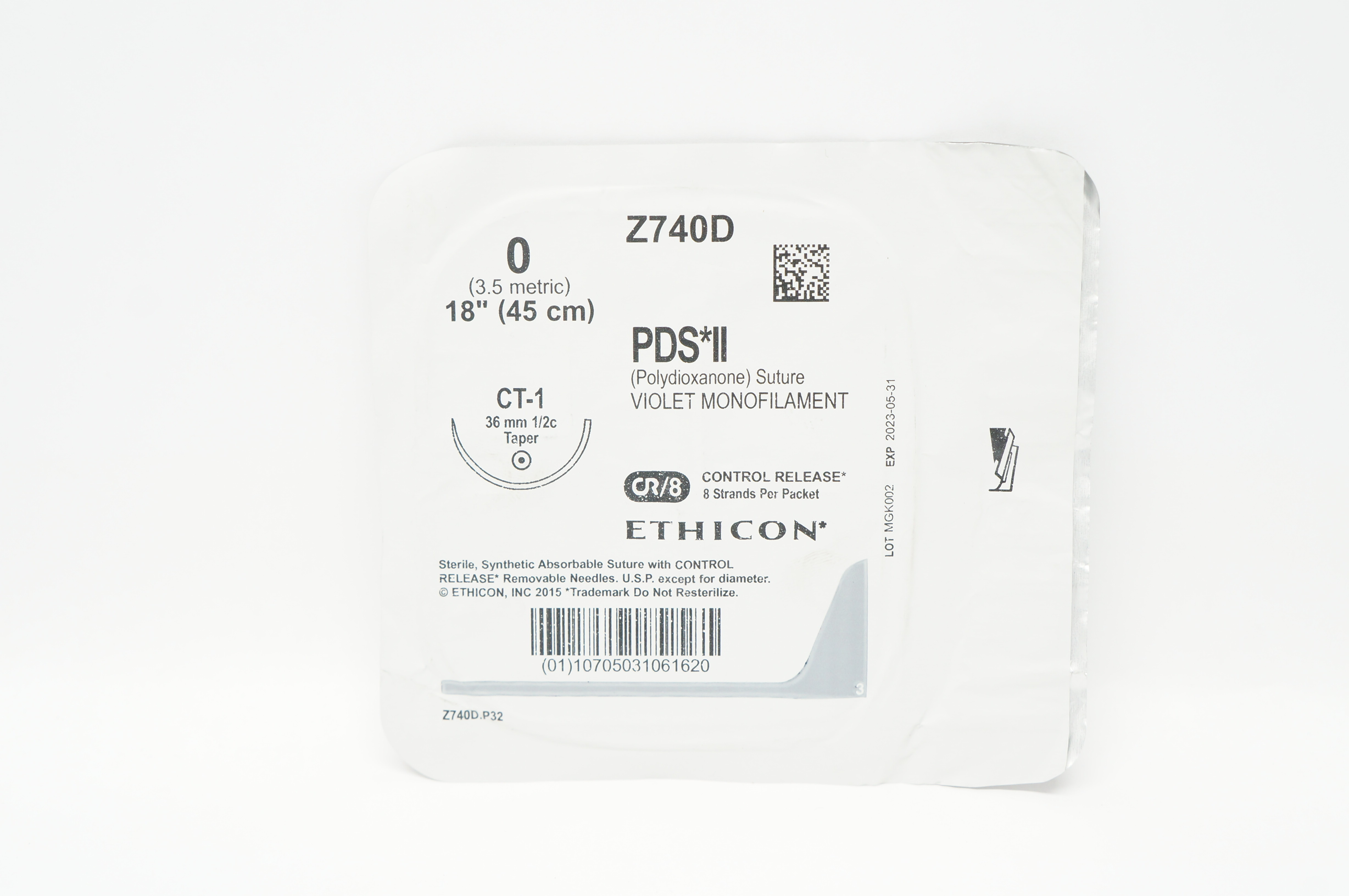 Ethicon Z740D 0 PDS II Polydioxanone Stre CT-1 36mm 1/2c Taper 18inch
