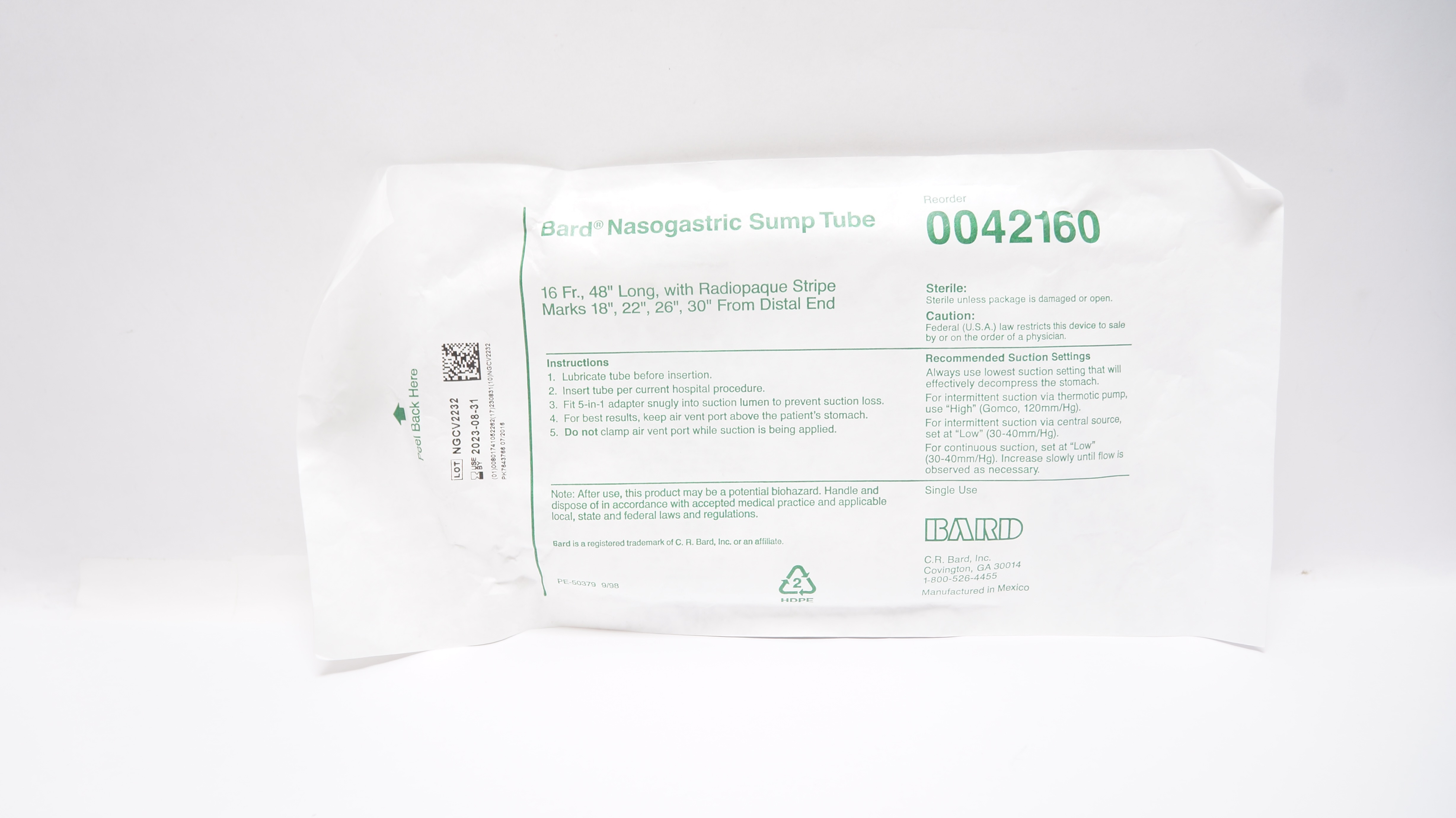 Bard 0042160 Nasogastric Sump Tube w/Radiopaque Stripe, 16Fr x 48inch (x)