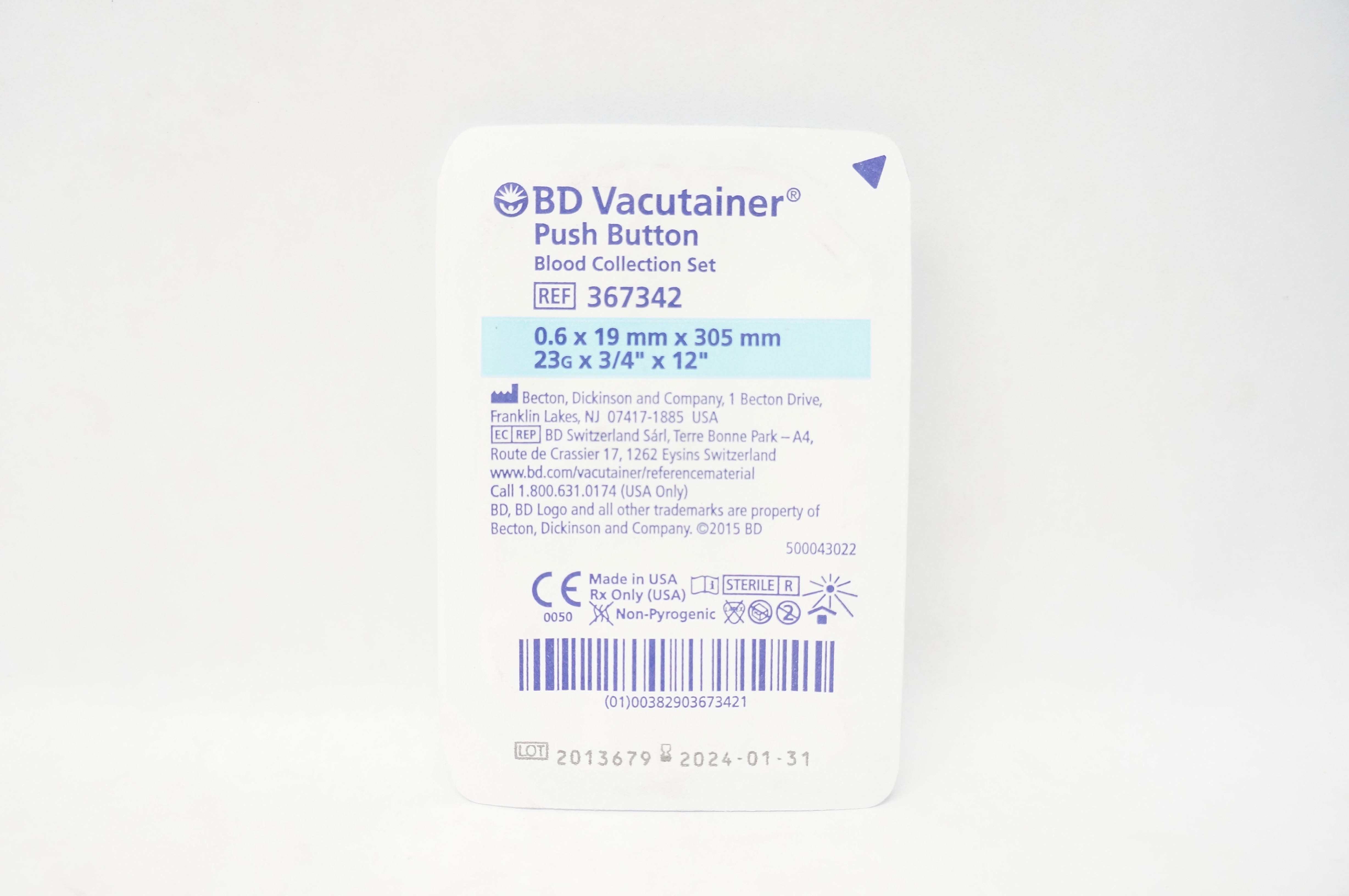 BD 367342 Vacutainer Push Button Blood Collection Set 23G x 3/4inch x 12inch