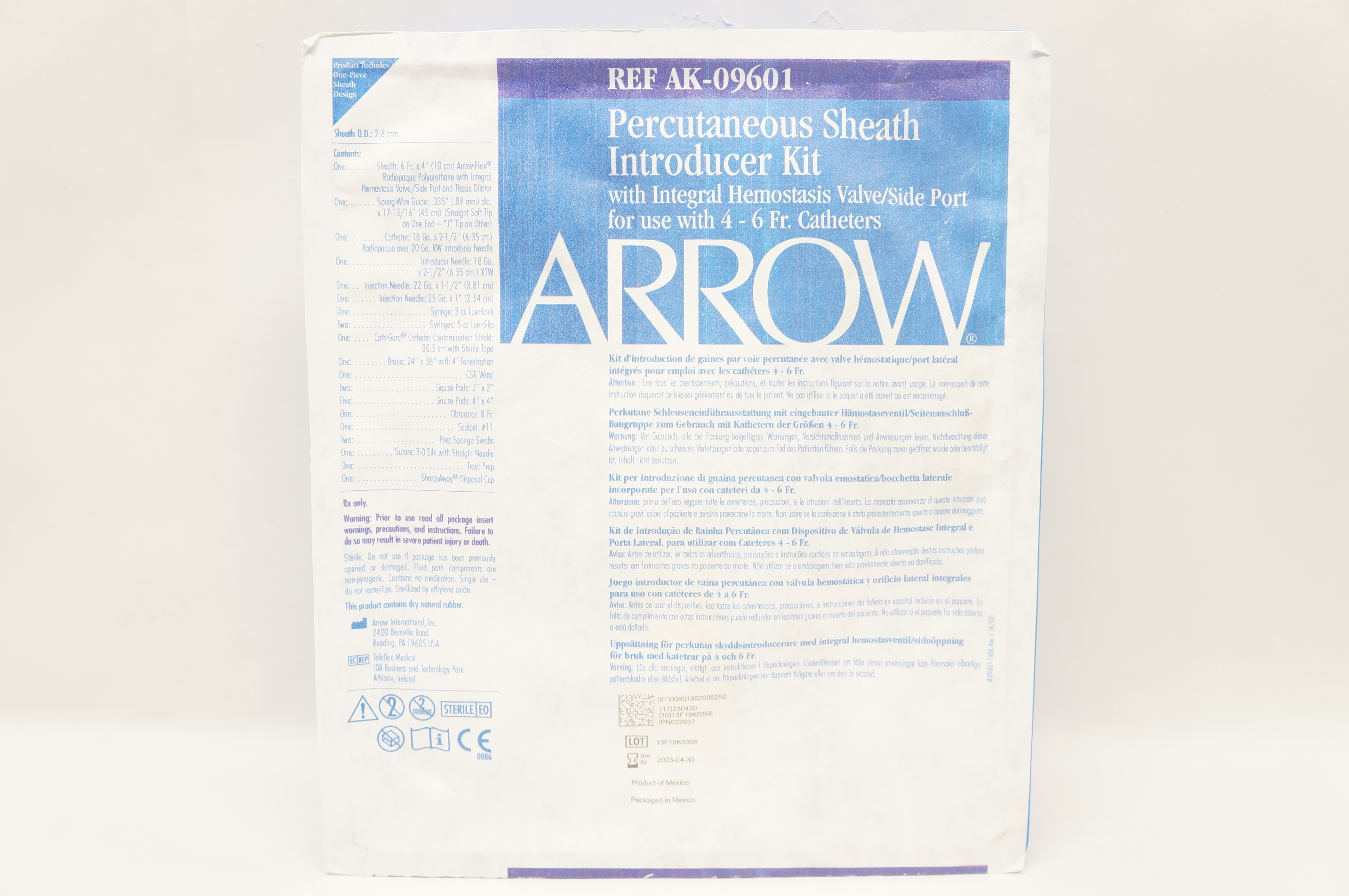 Arrow AK-09601 Percutaneous Sheath Introducer Kit 6Fr. x 10cm x 0.035inch