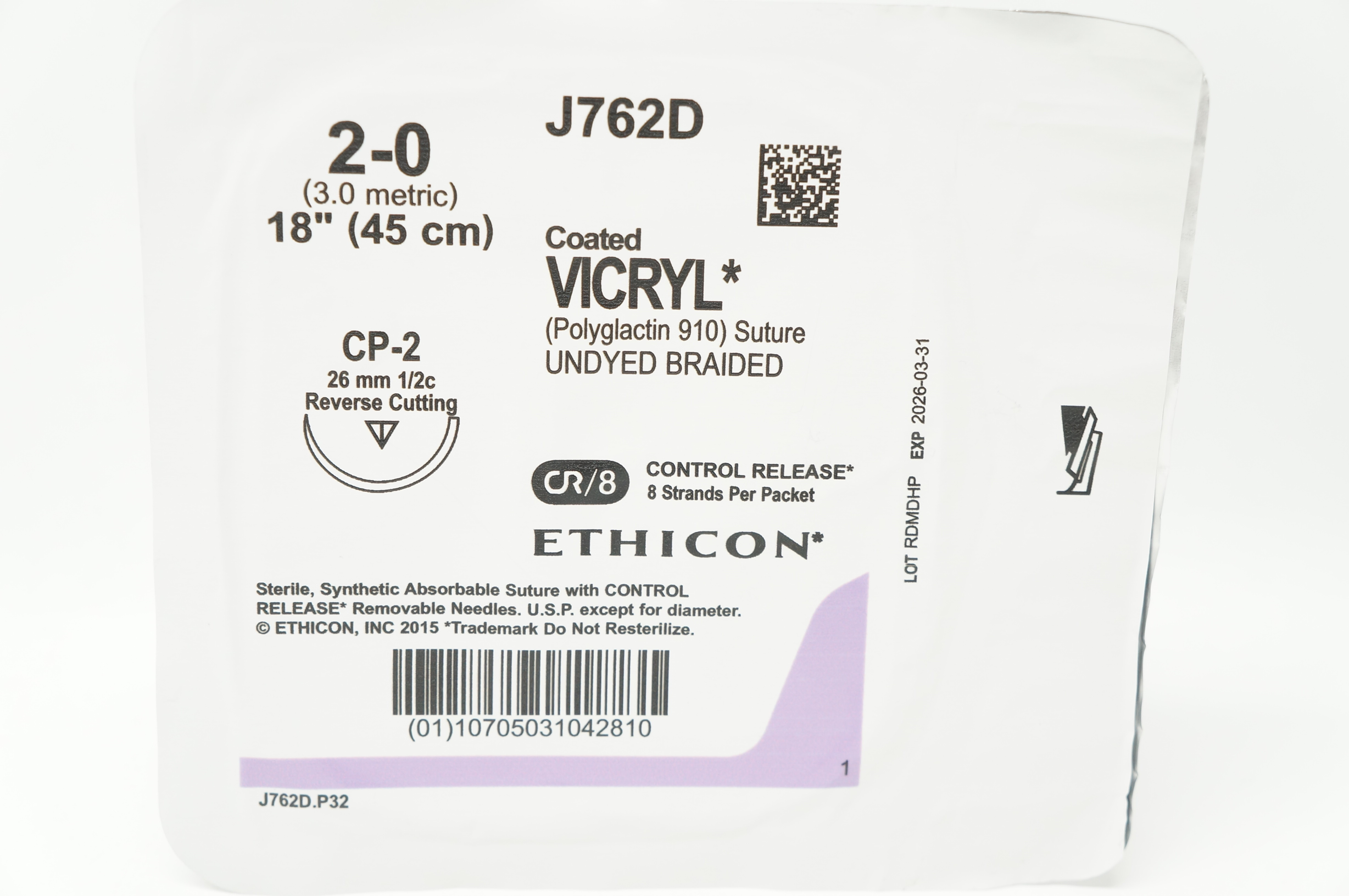 Ethicon J762D 2-0 Coated VICRYL Stre CP-2 26mm 1/2c Reverse Cutting 18inch